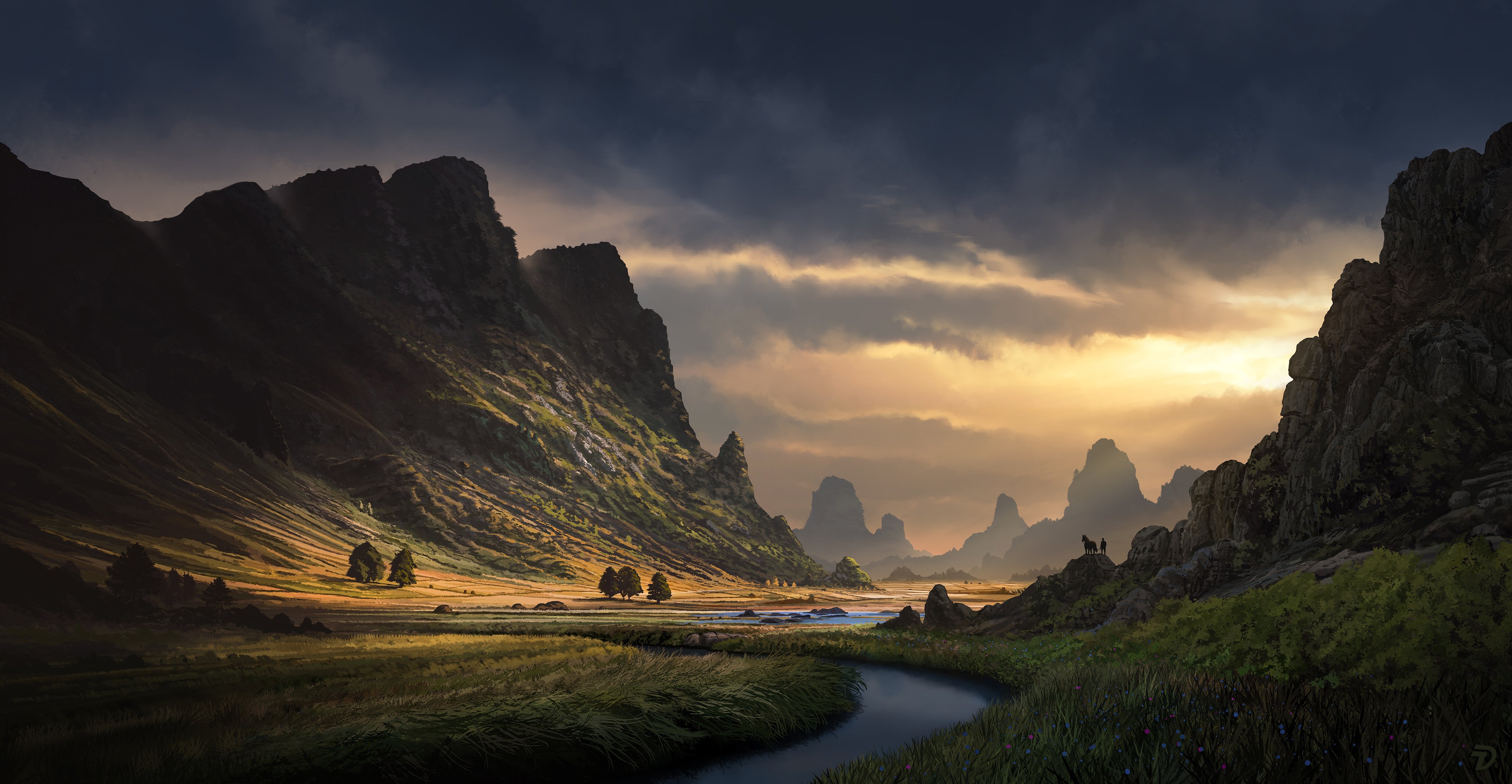 Digital painting of a river valley at sunset HD Wallpaper