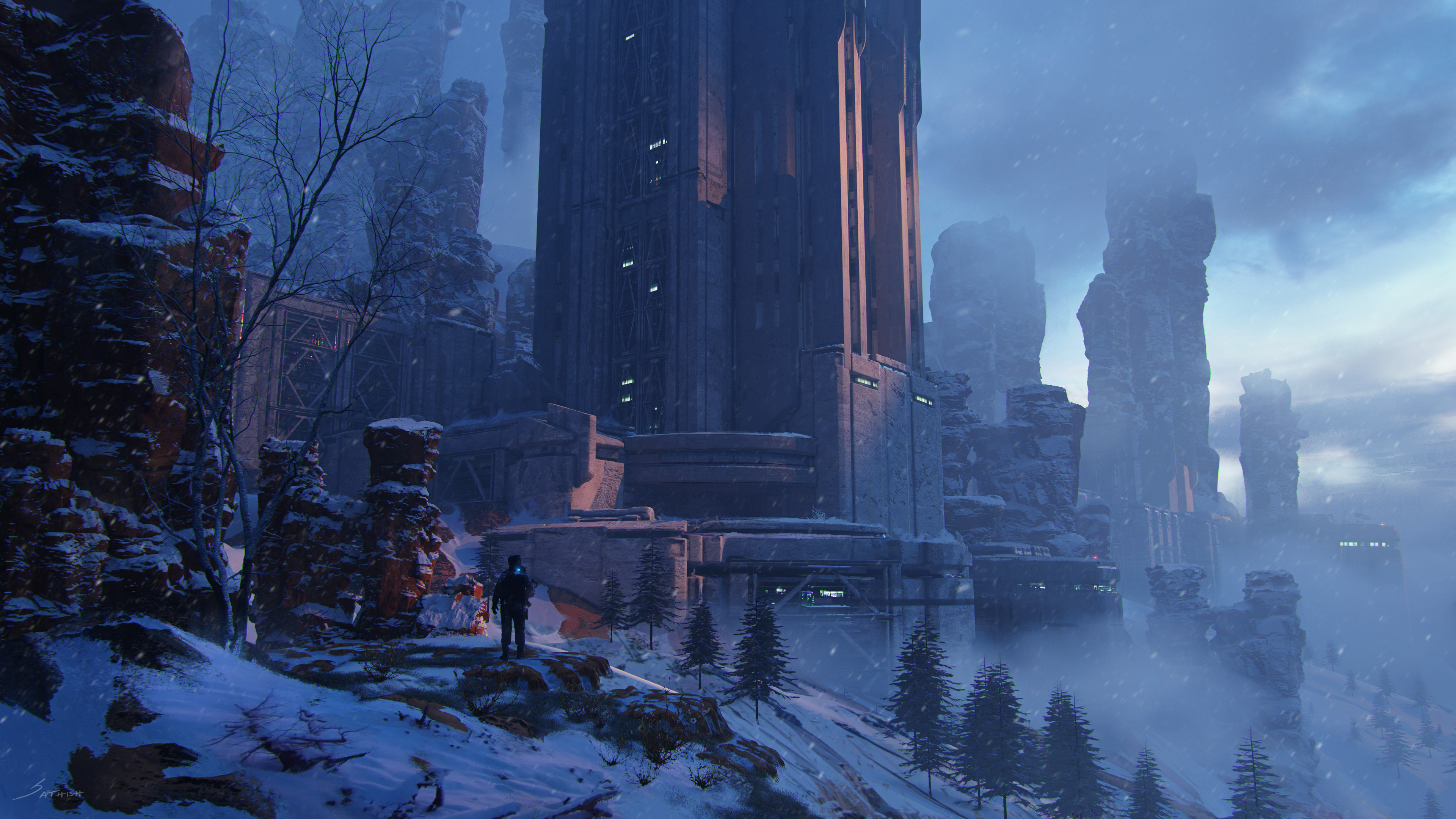 Man stands on snowy mountain overlooking futuristic city HD Wallpaper