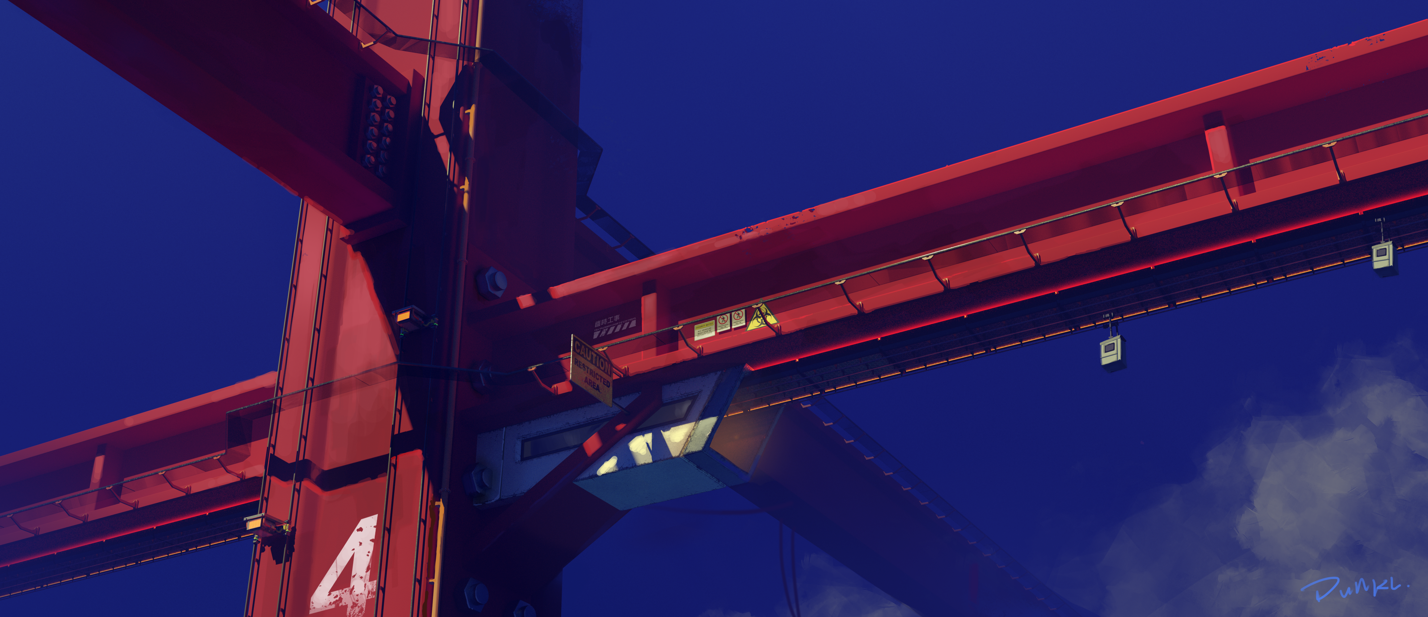 Red crane structure against a dark blue sky HD Wallpaper