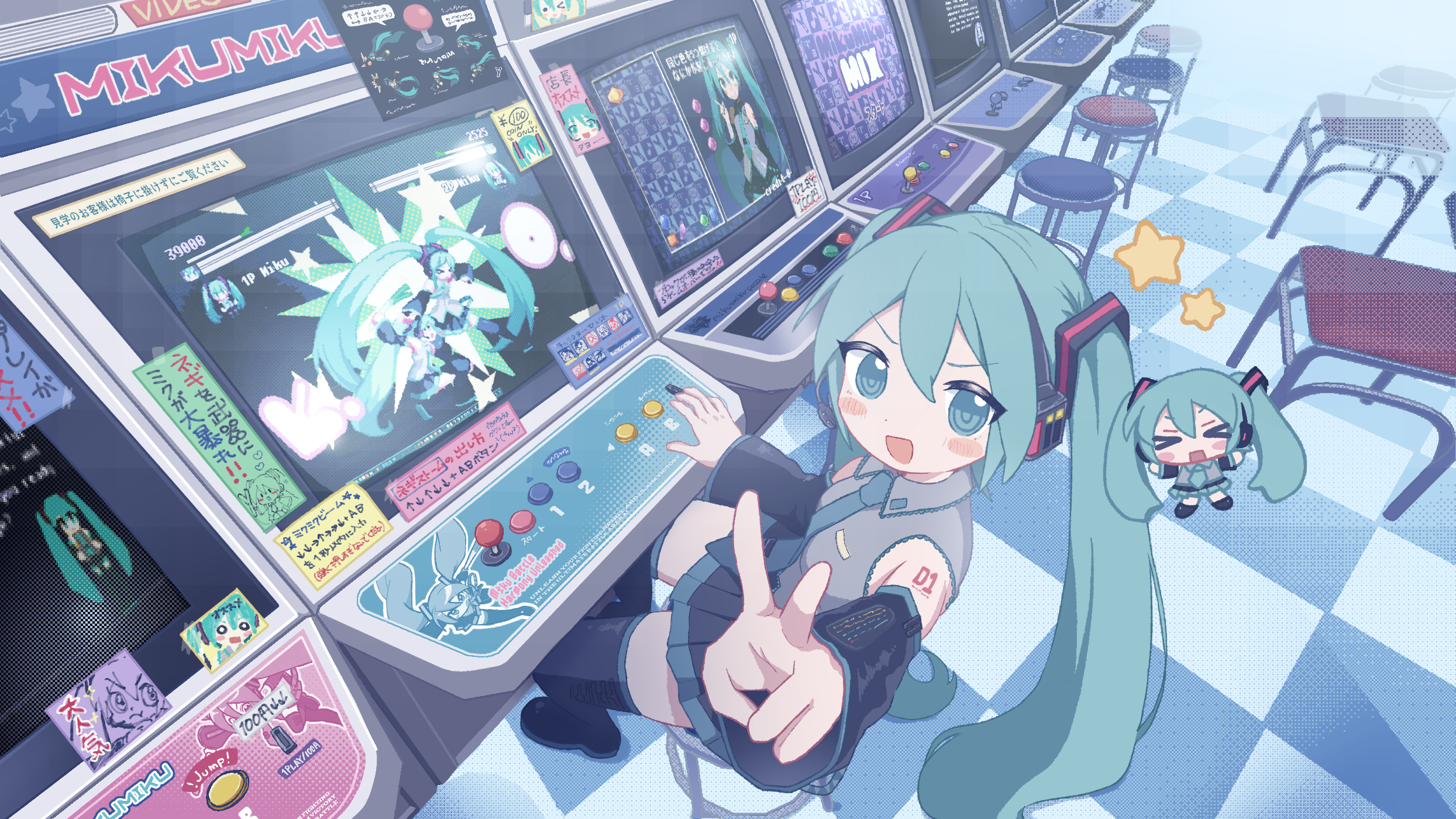 Hatsune Miku playing arcade video games HD Wallpaper