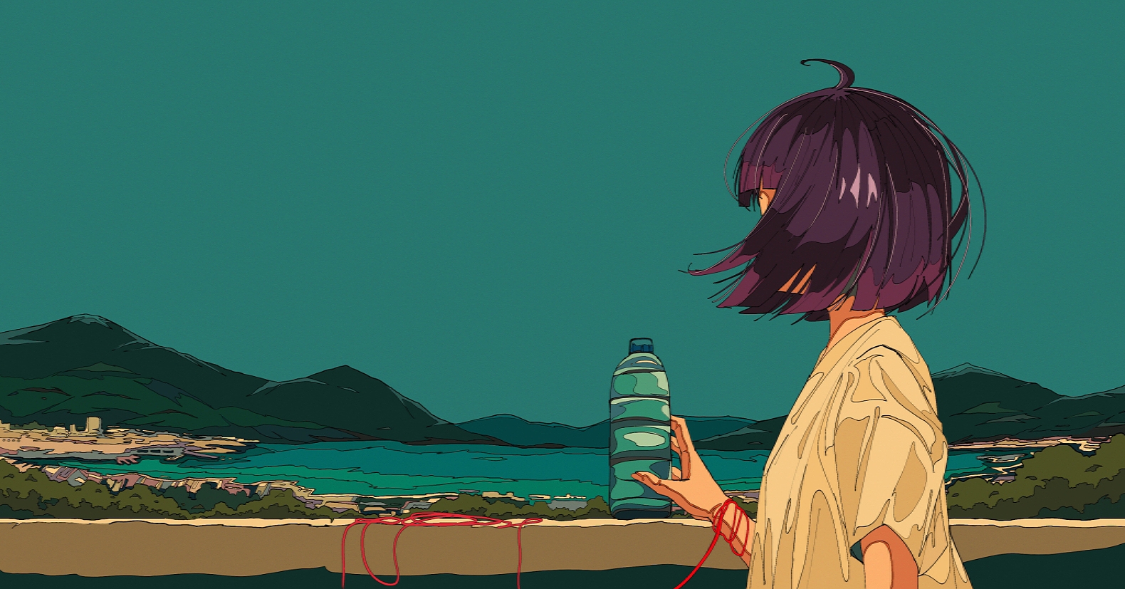Anime girl with purple hair holding a bottle in a coastal town HD Wallpaper