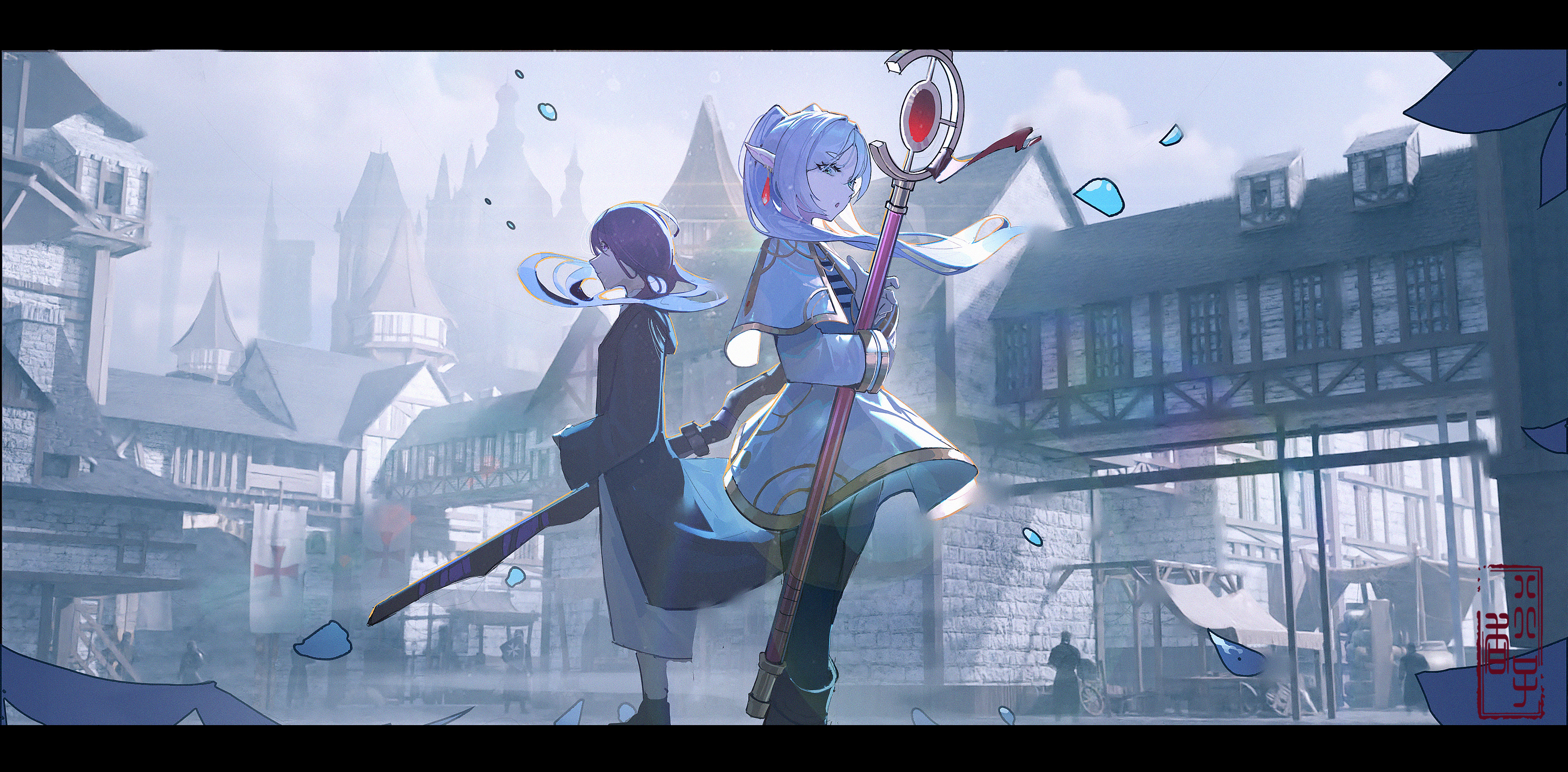 Frieren and Fern in a Misty Town HD Wallpaper