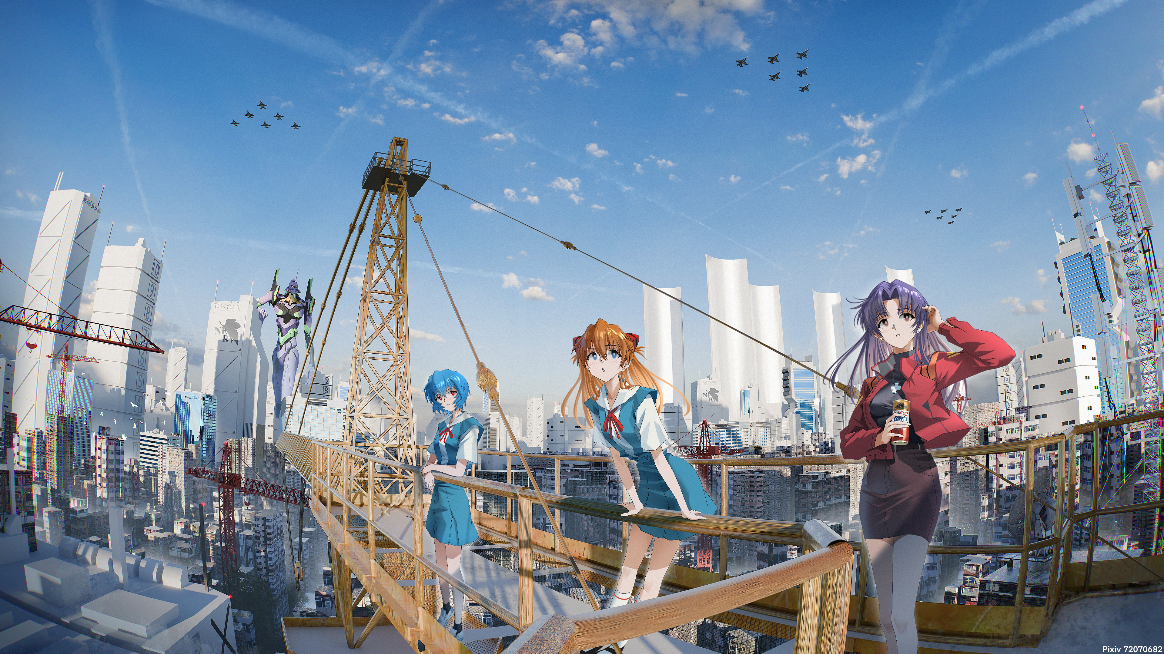 Neon Genesis Evangelion: Rei, Asuka, and Misato on a Crane HD Wallpaper