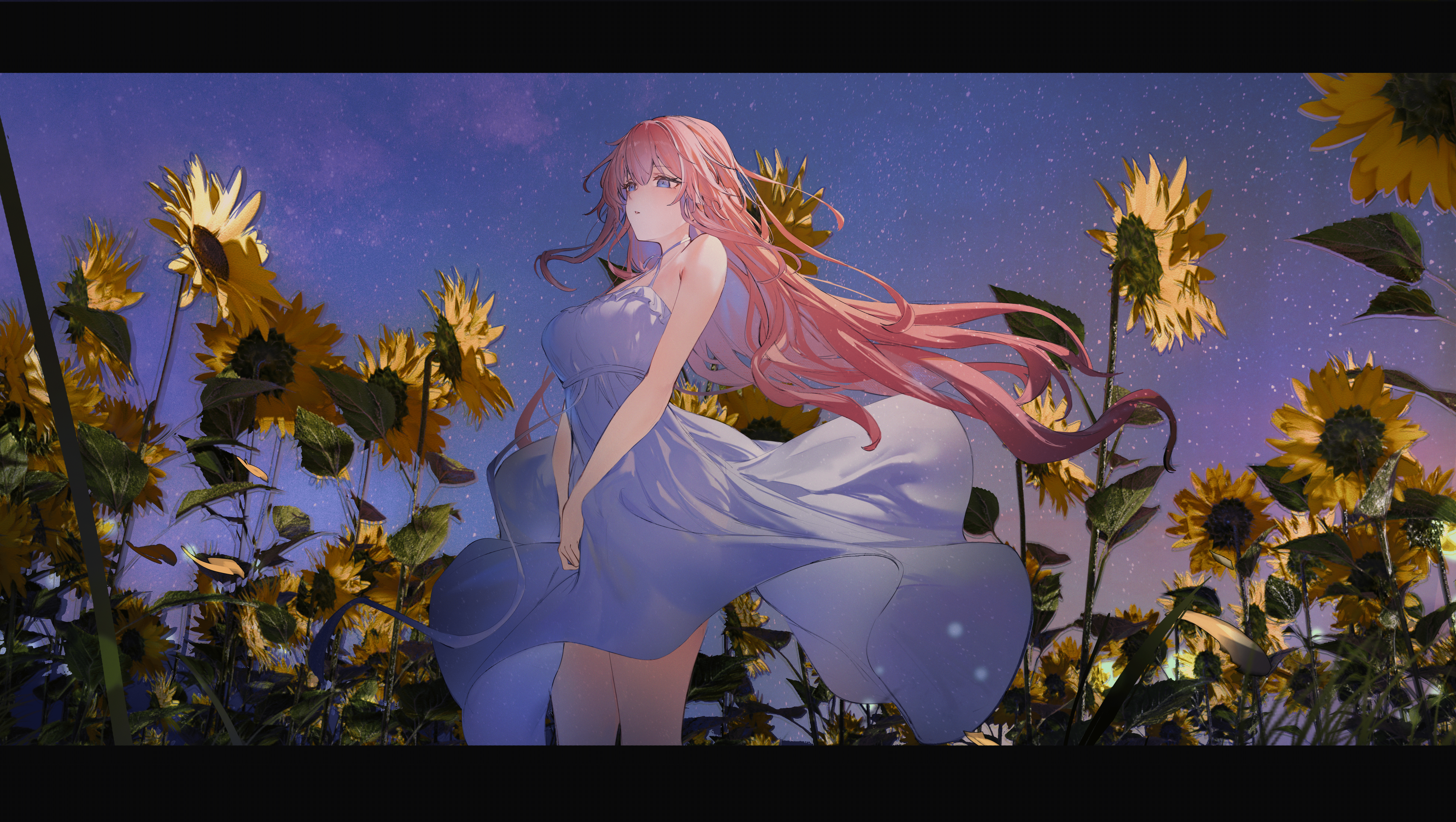 Original character with pink hair in a sunflower field HD Wallpaper