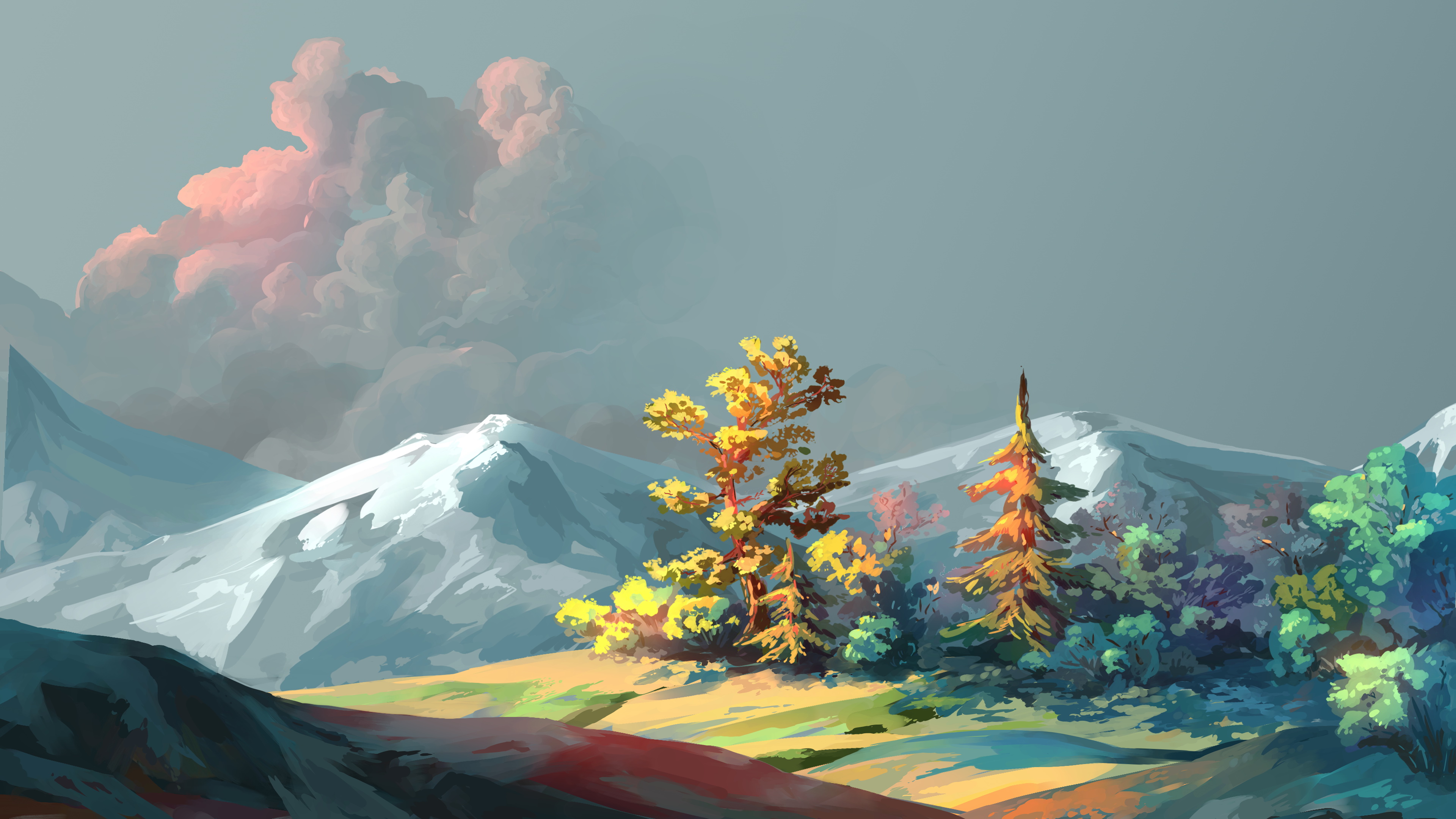 Digital art landscape with trees and snow-capped mountains HD Wallpaper