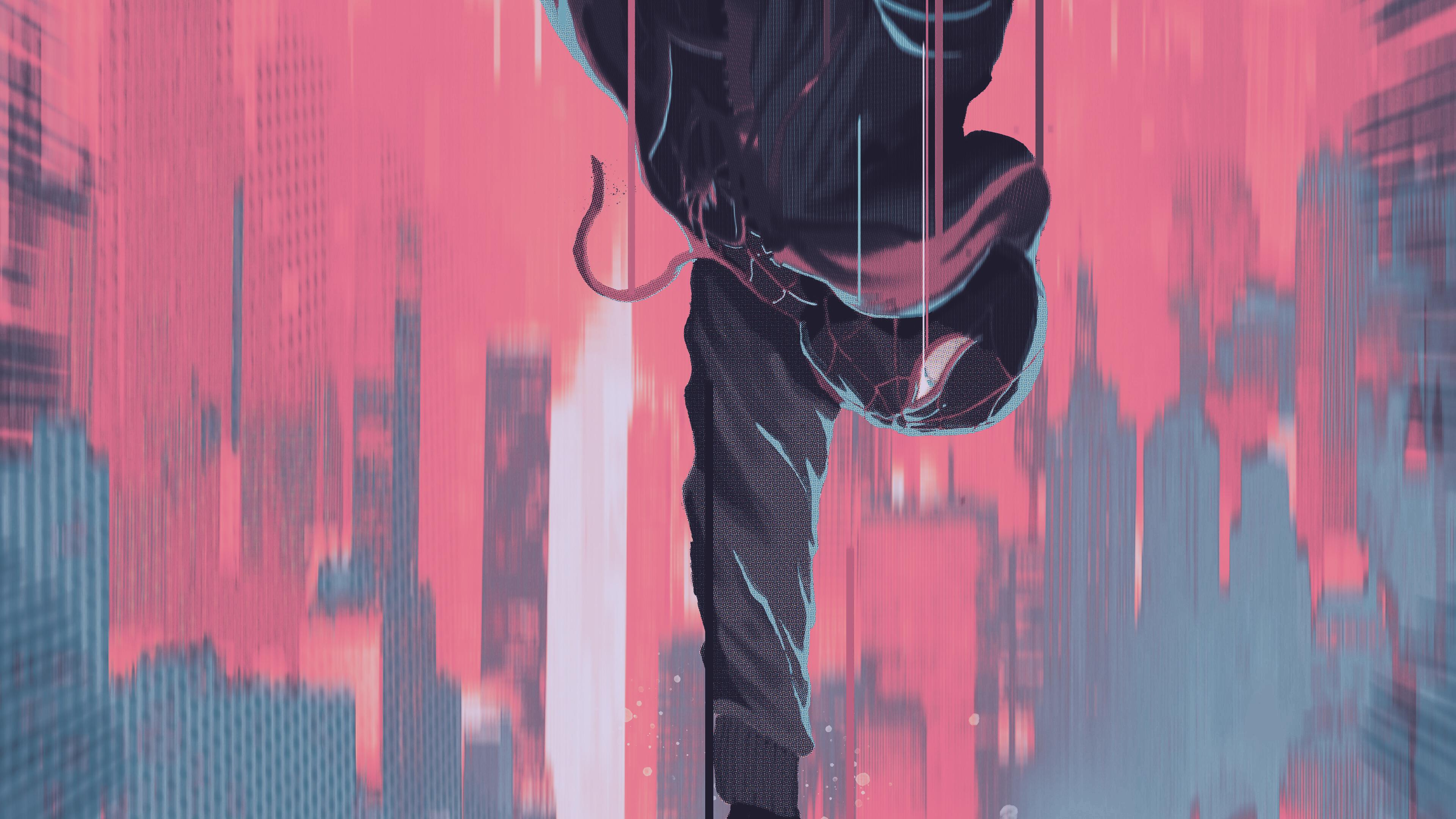 Miles Morales hanging upside down in a city HD Wallpaper