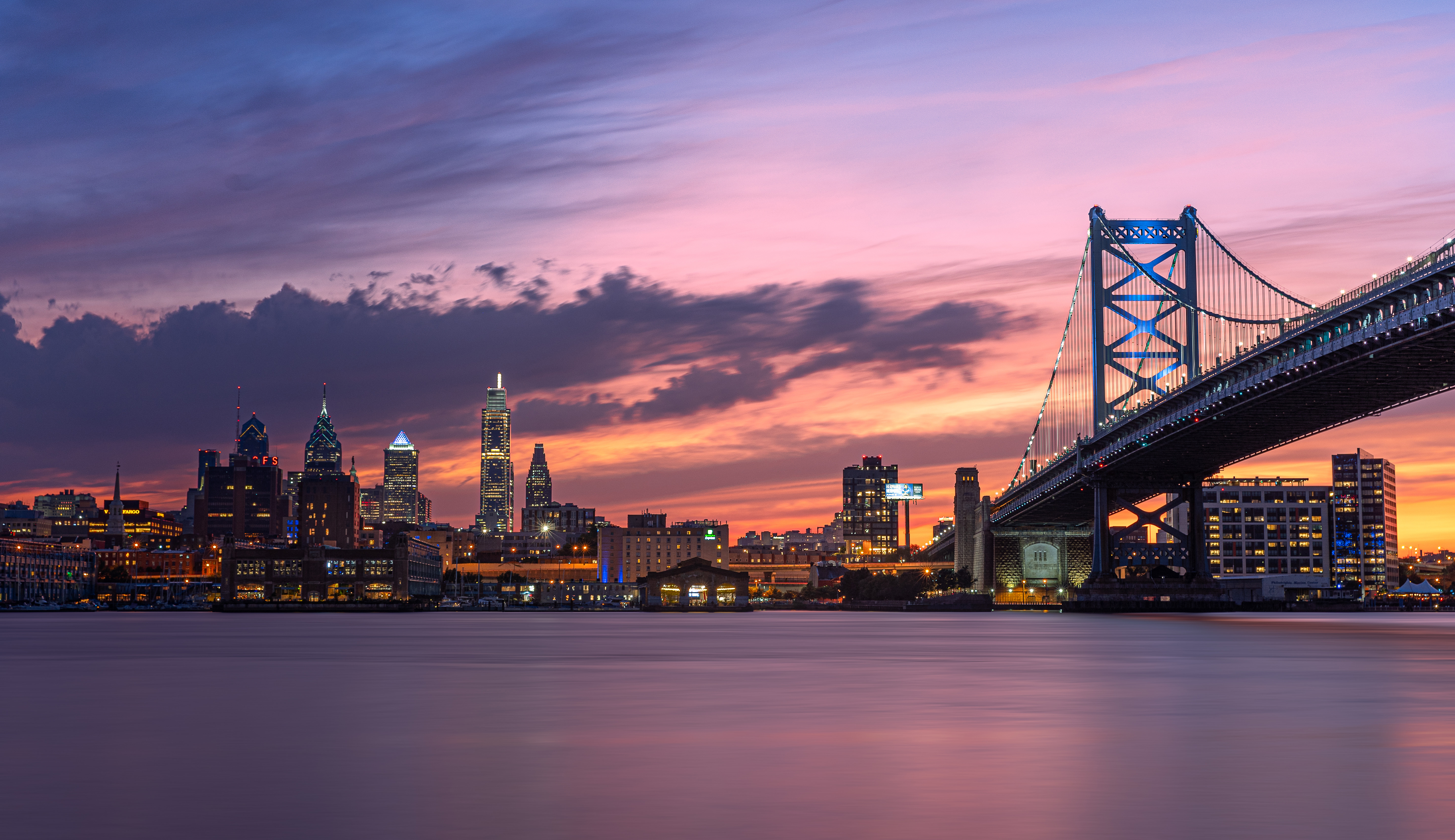 Philadelphia skyline with Ben Franklin Bridge at sunset HD Wallpaper