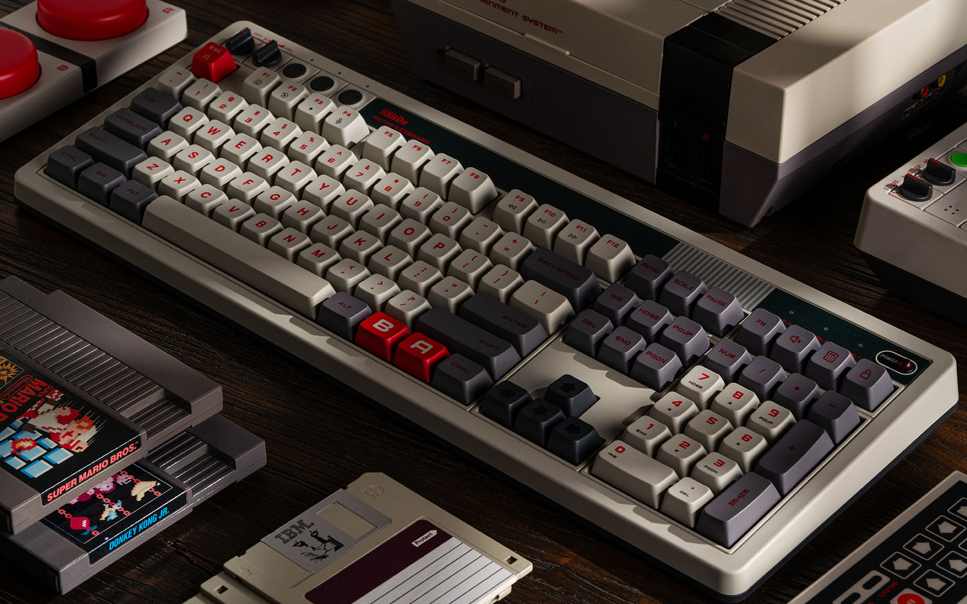 Nintendo Entertainment System keyboard with retro game cartridges HD Wallpaper