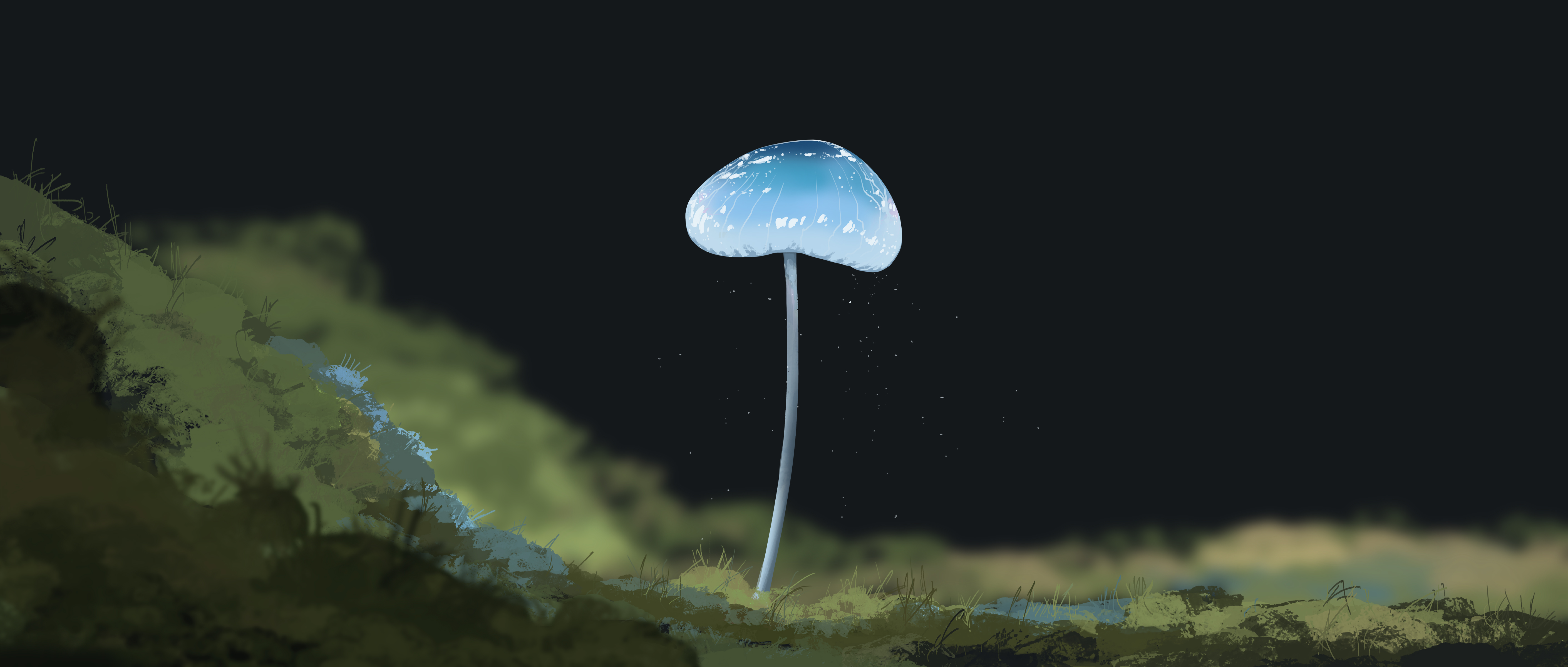 A single glowing mushroom on mossy ground HD Wallpaper