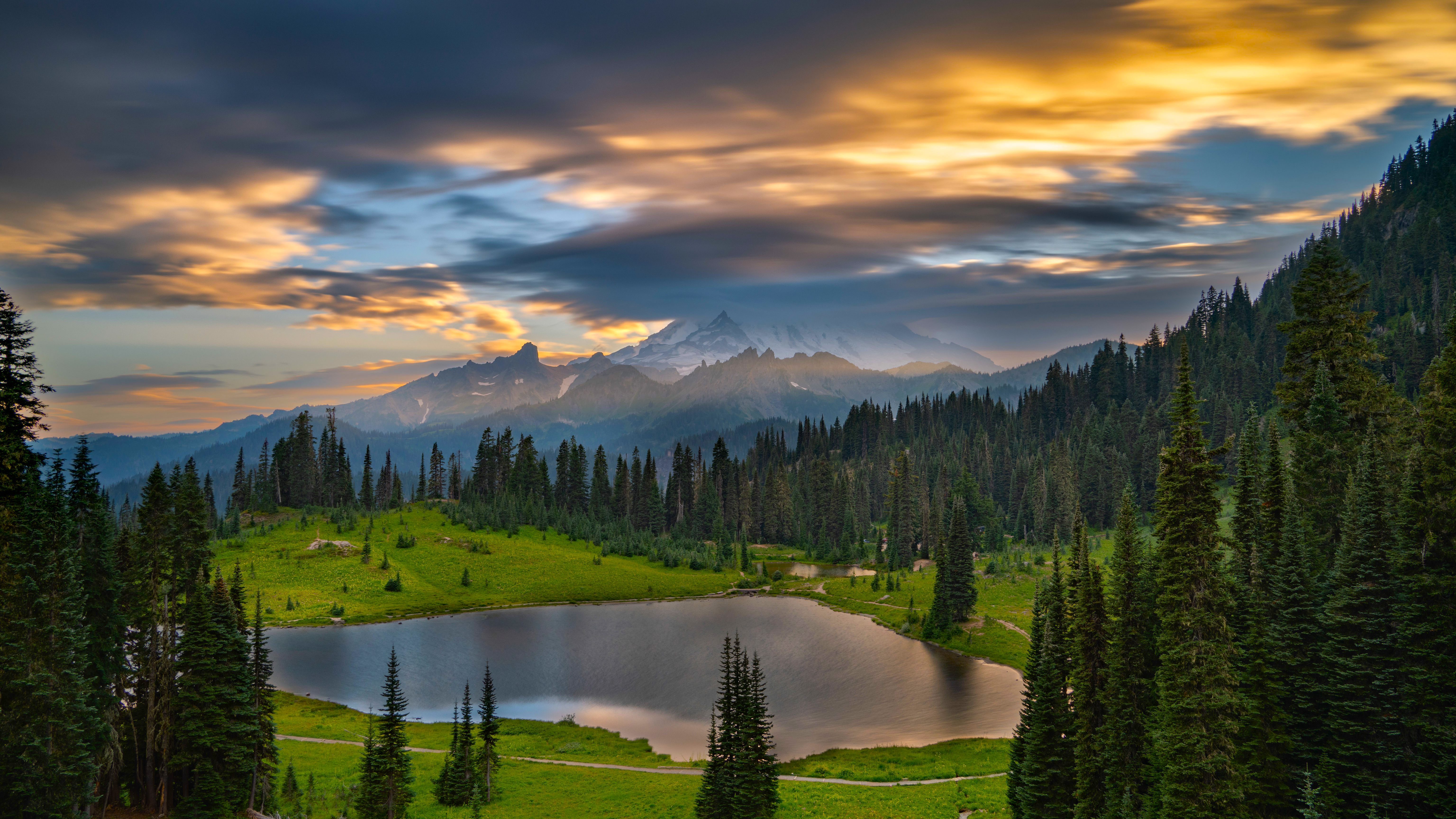 Mount Rainier and Reflection Lake at Sunset HD Wallpaper