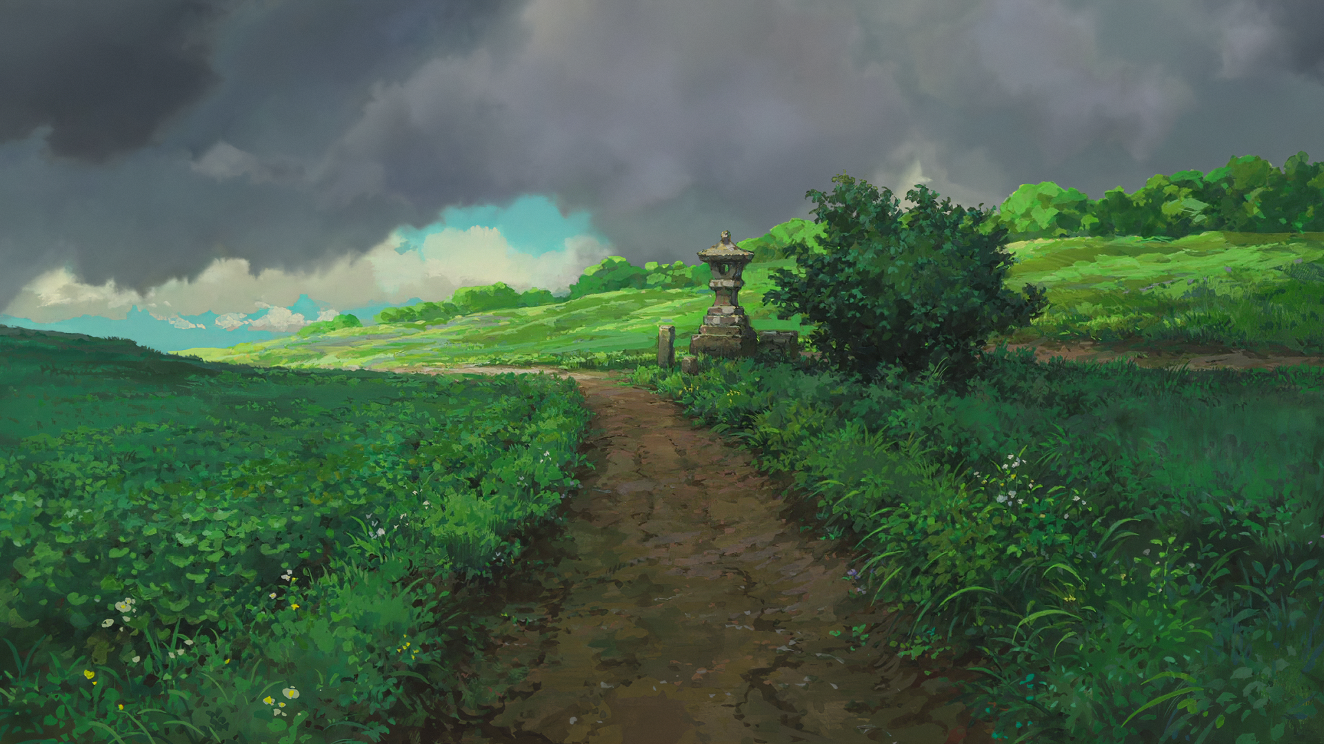 Anime landscape with a dirt path and stone lantern HD Wallpaper