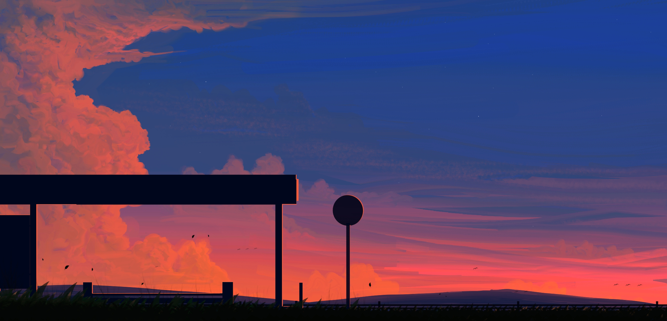 Scenery of a sunset with clouds and silhouettes HD Wallpaper