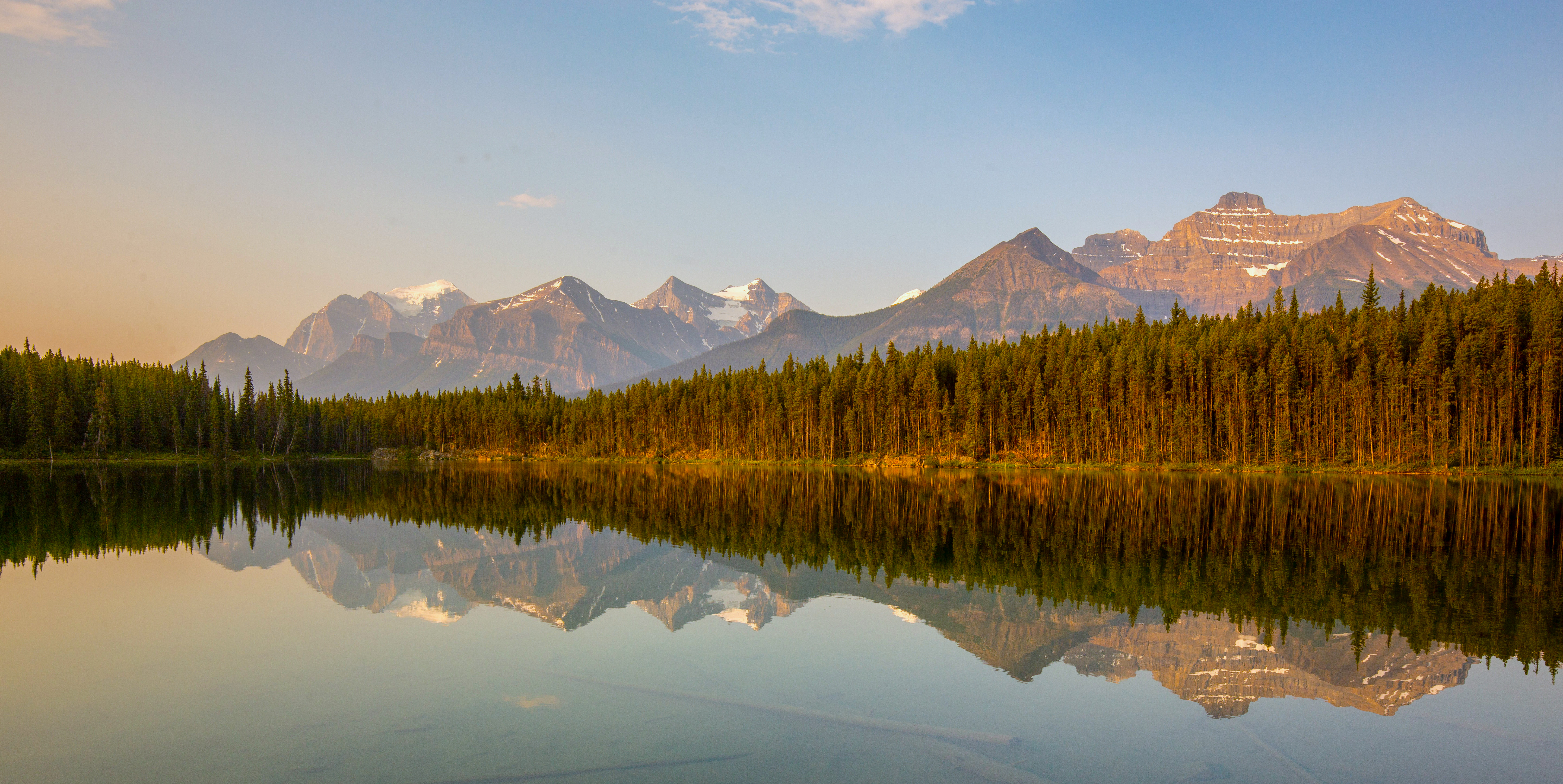 Mountain Range Reflected in a Calm Lake with Pine Trees HD Wallpaper