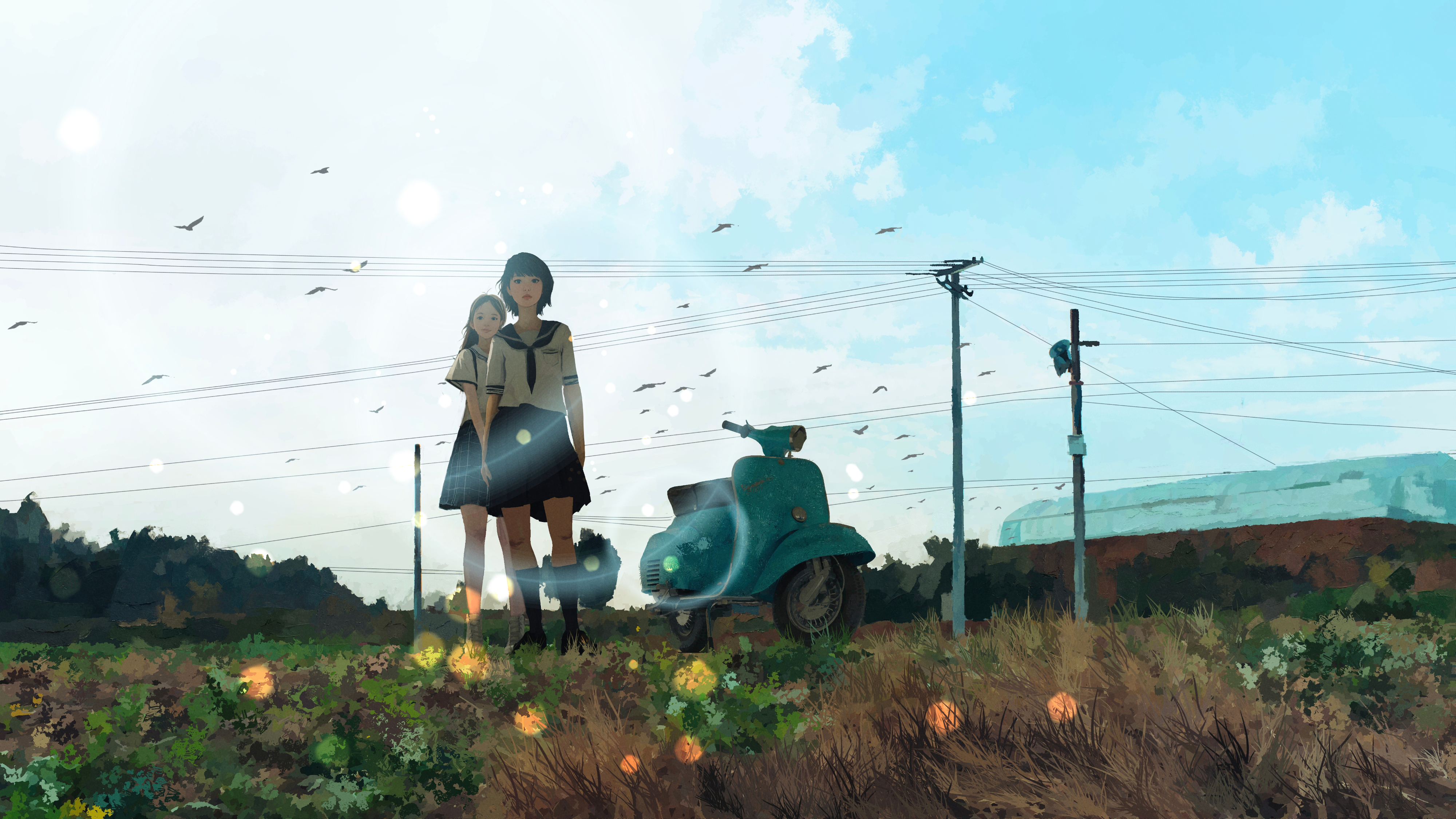 Scenery with scooters and a schoolgirl HD Wallpaper