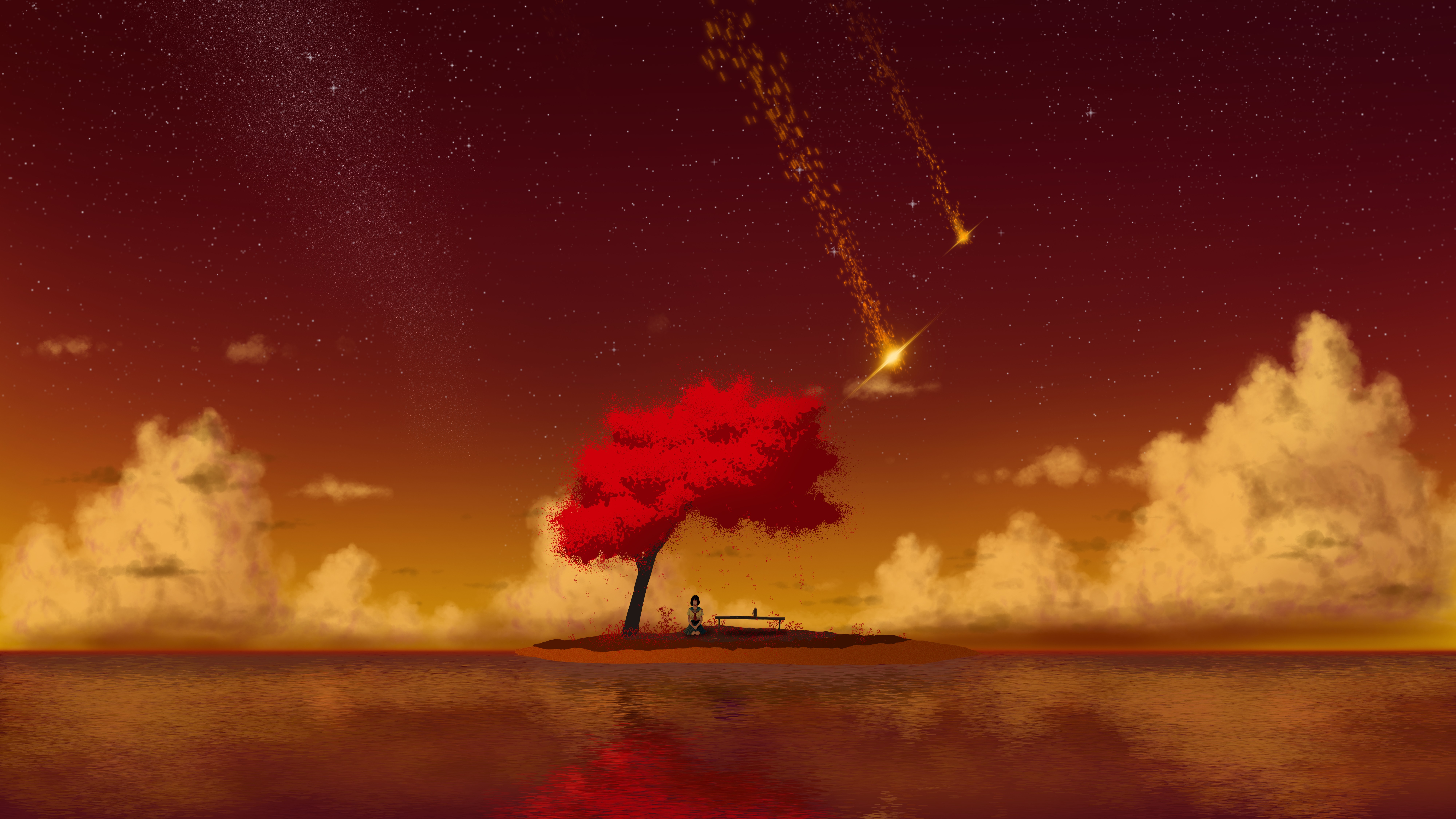 Red tree and shooting stars over water HD Wallpaper