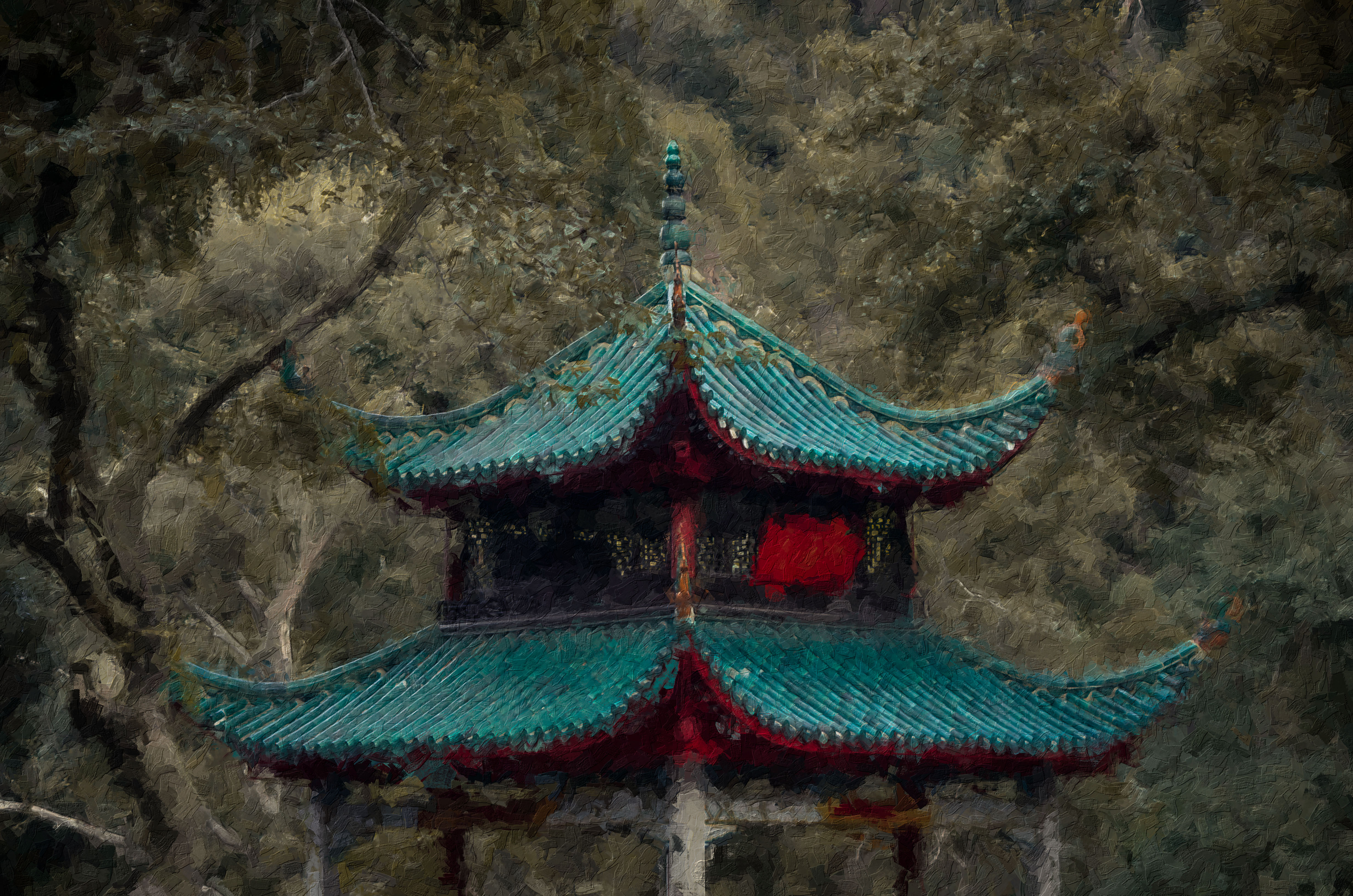 Oil painting of a traditional Asian pagoda with trees HD Wallpaper