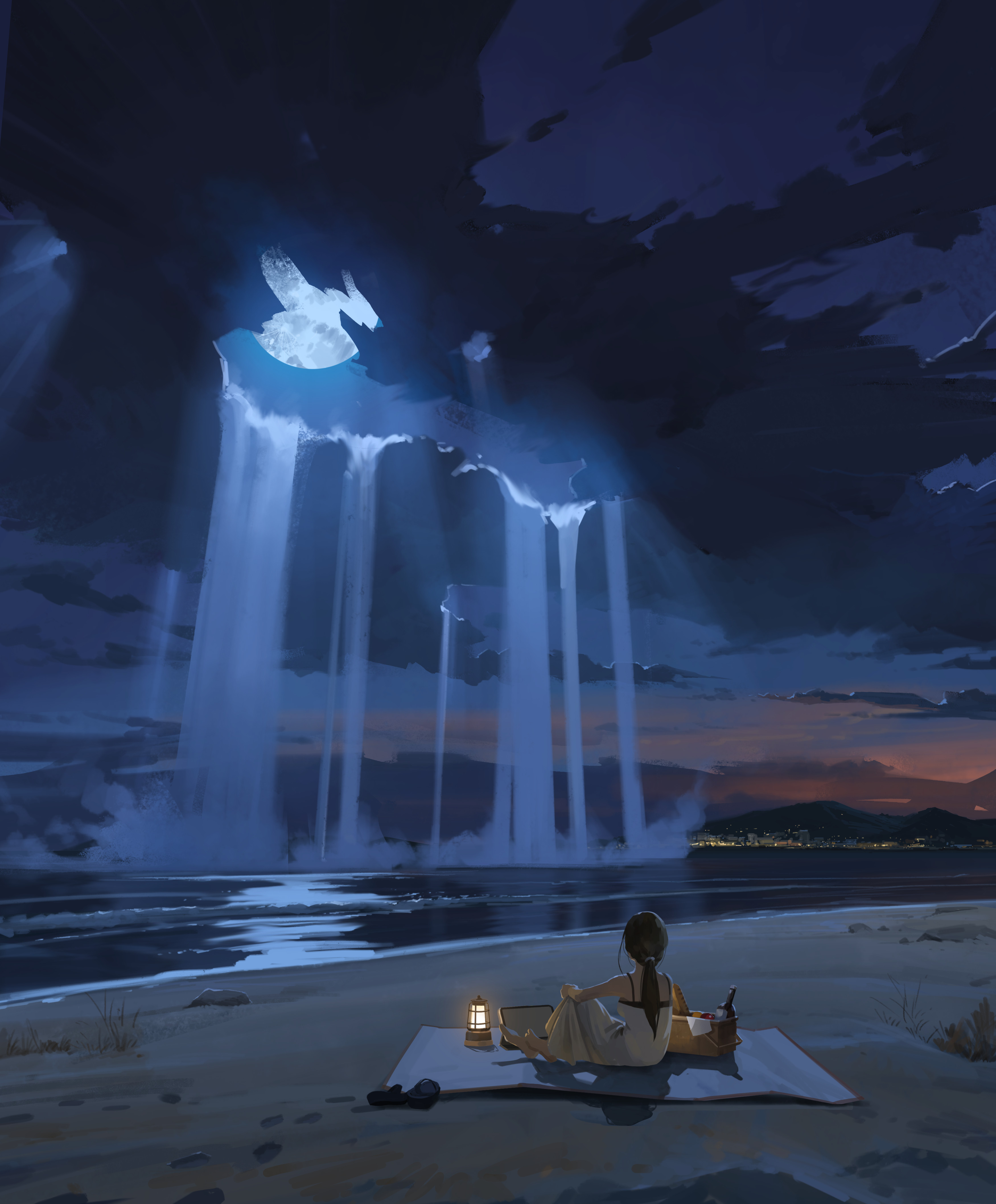 Moonlight waterfalls from the sky over the ocean HD Wallpaper