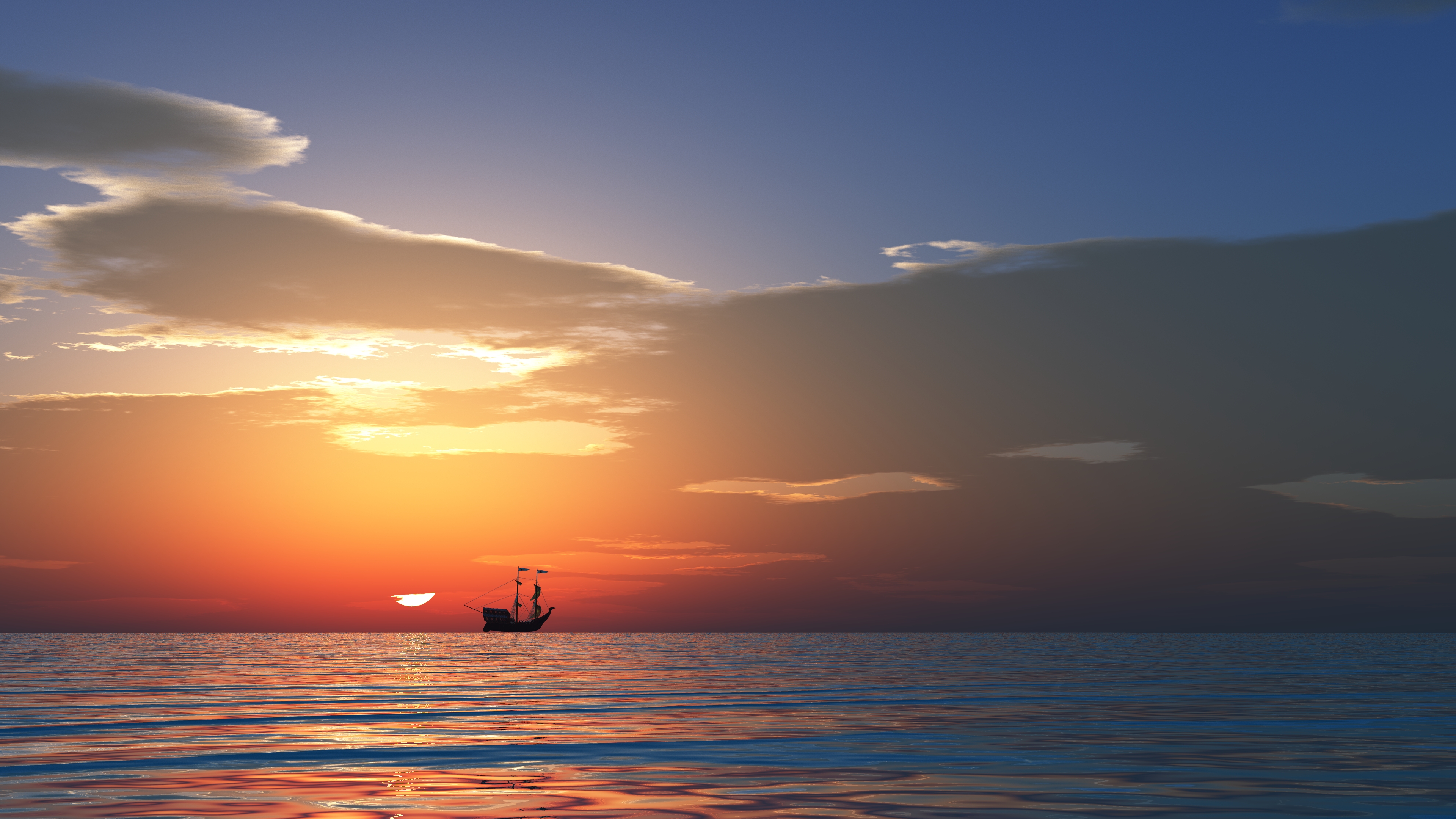Ship sailing on the ocean at sunset HD Wallpaper