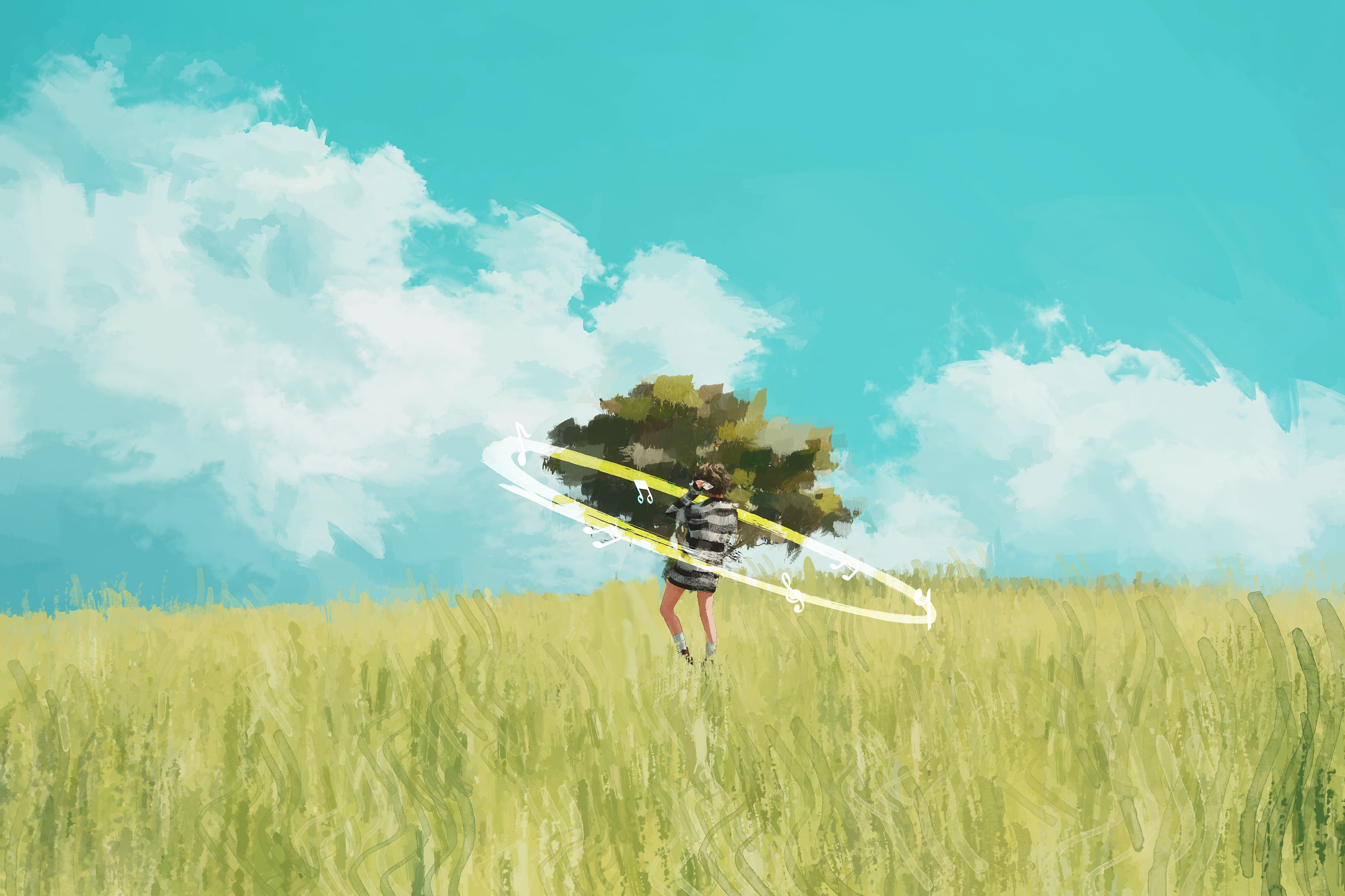 A person with a tree and a music player in a field HD Wallpaper