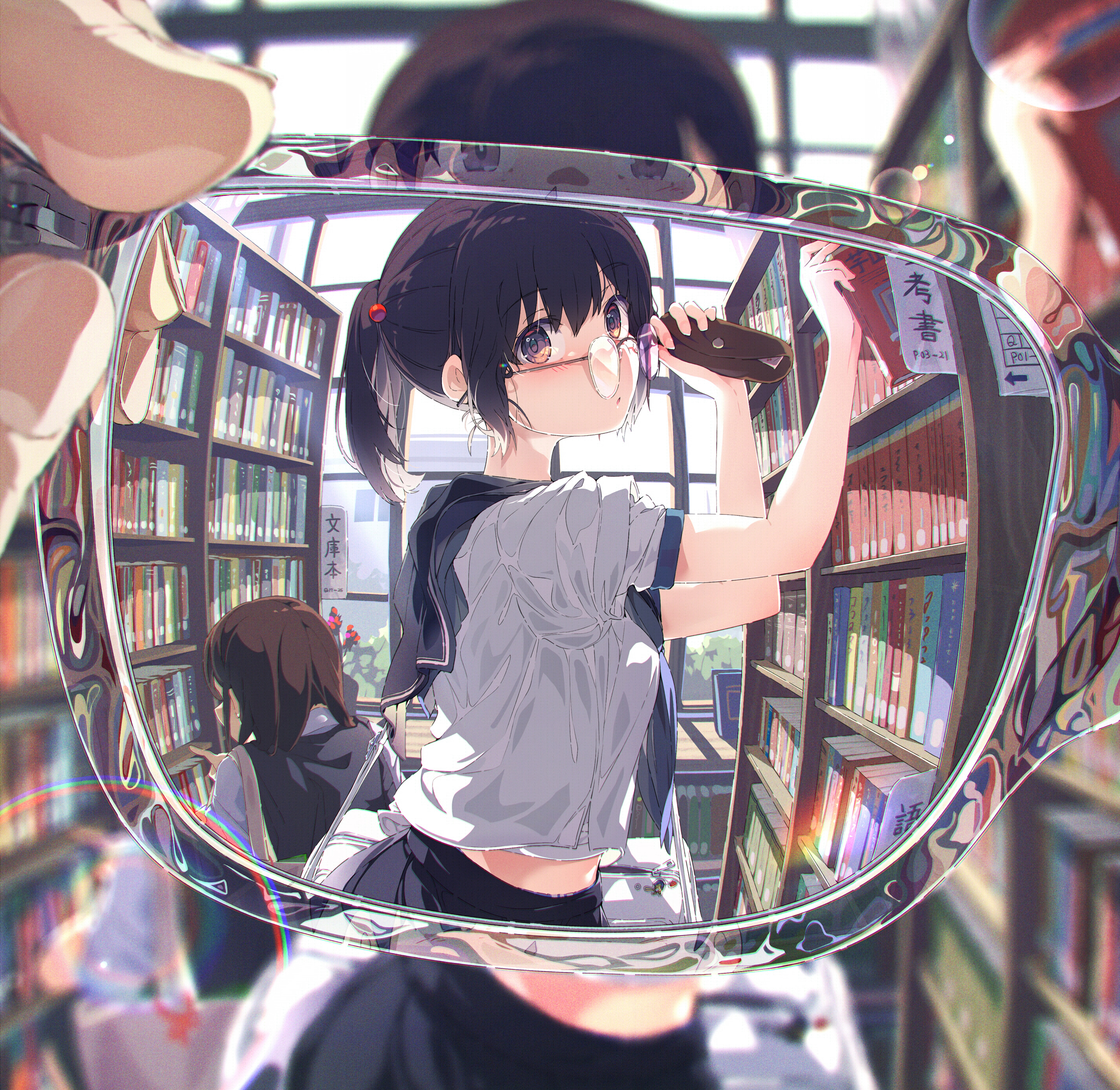 Anime girls in a library, one reaching for a book HD Wallpaper