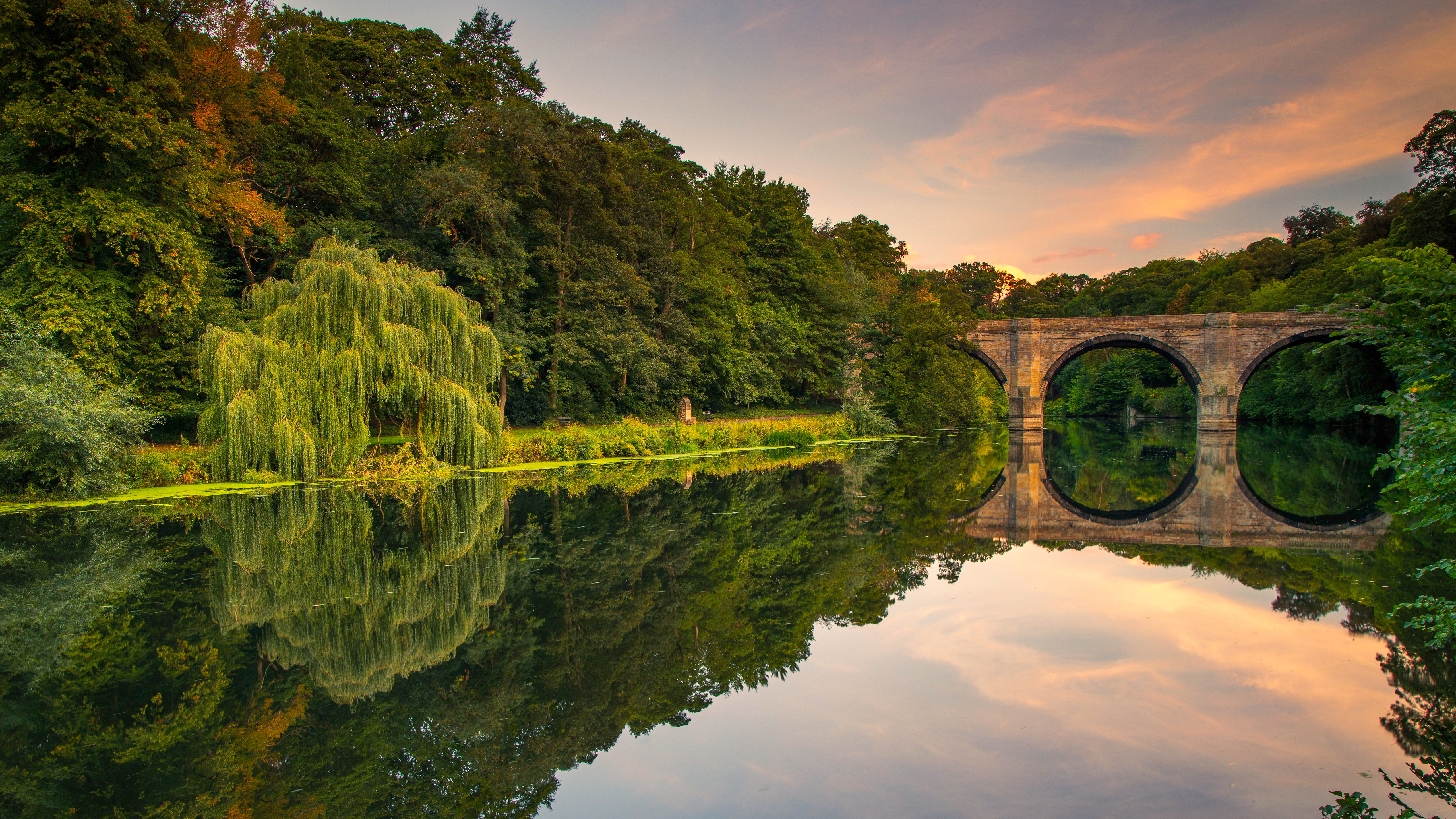 Stone bridge over a river with tree reflections HD Wallpaper