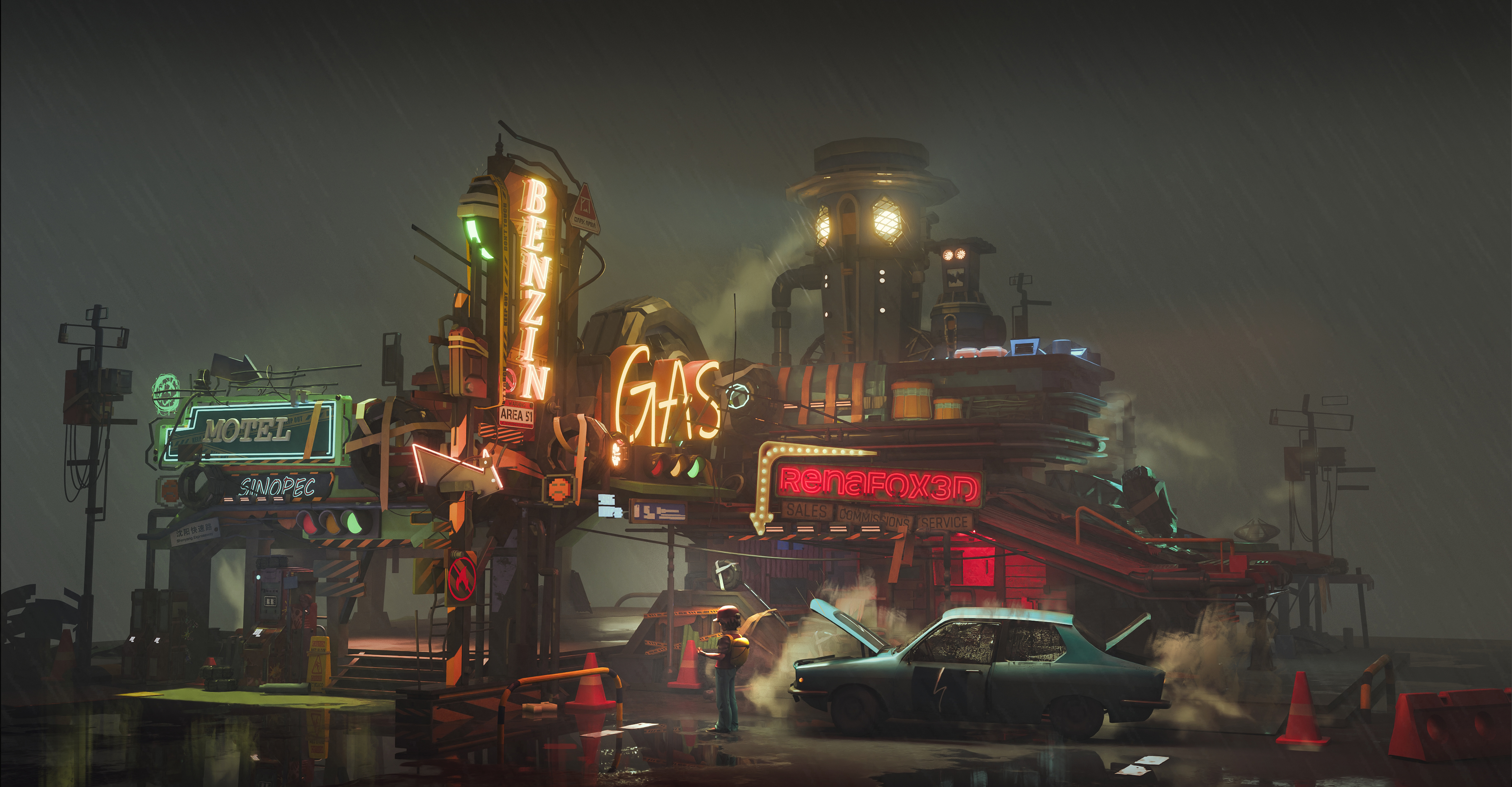 Car at a neon gas station at night HD Wallpaper