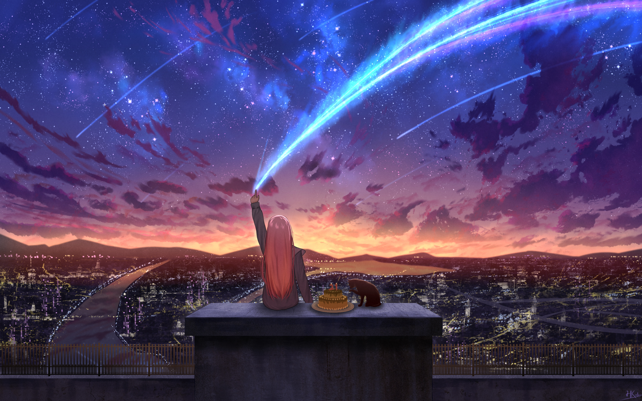 Anime girl watching meteor streak over cityscape HD Wallpaper