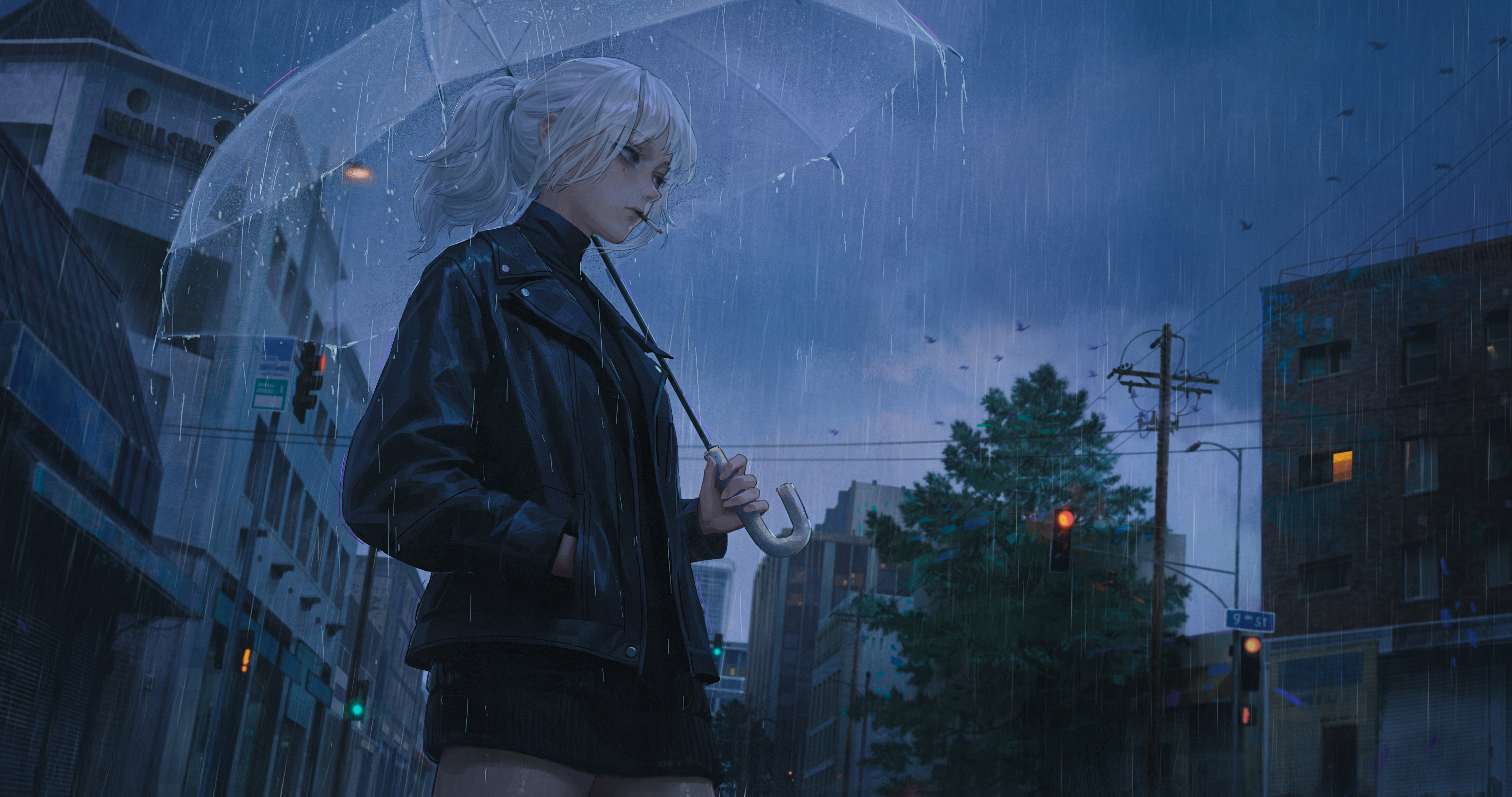 Anime girl with white hair holding an umbrella in the rain HD Wallpaper