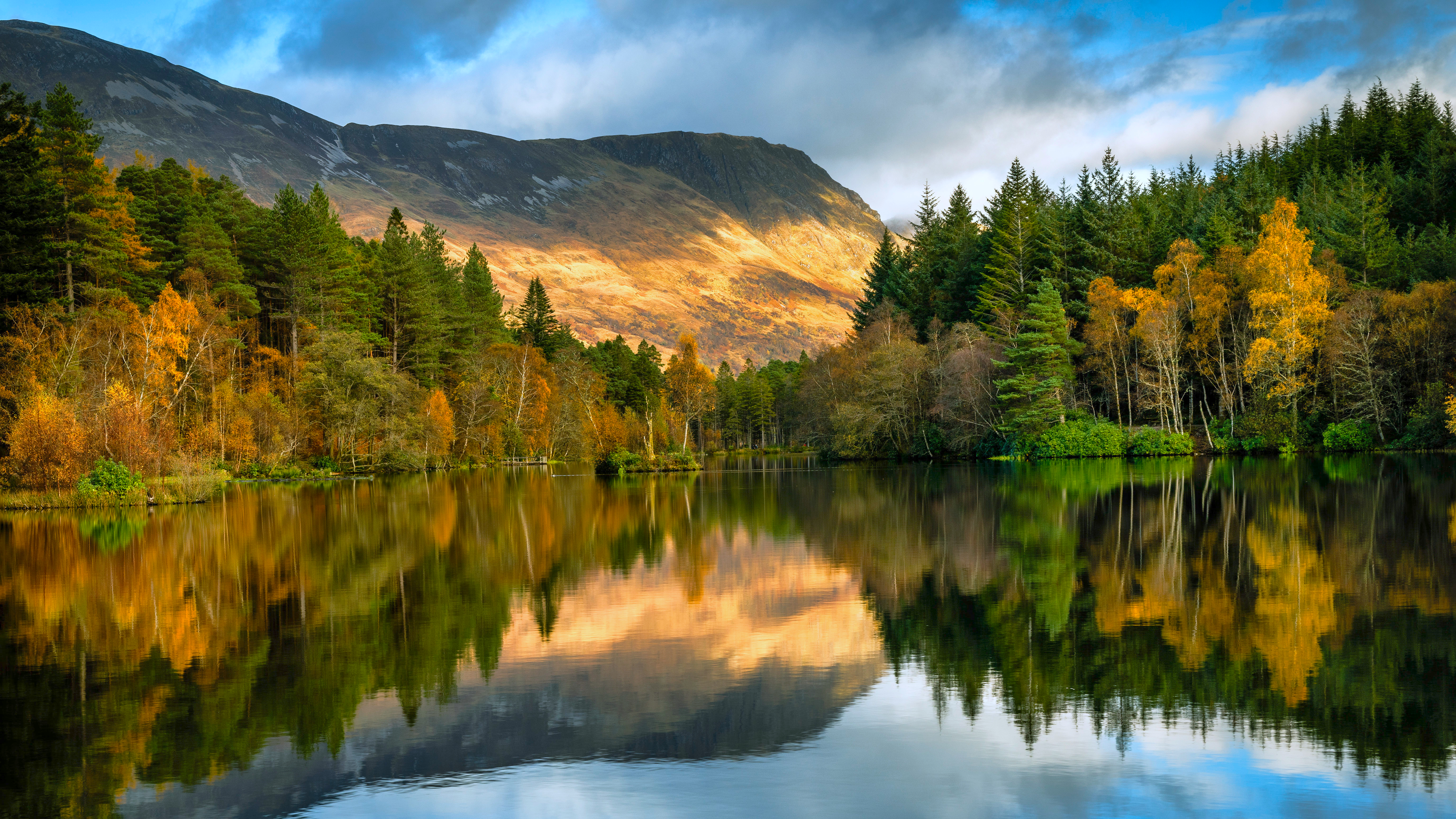Autumn forest reflected in a calm lake with mountains HD Wallpaper