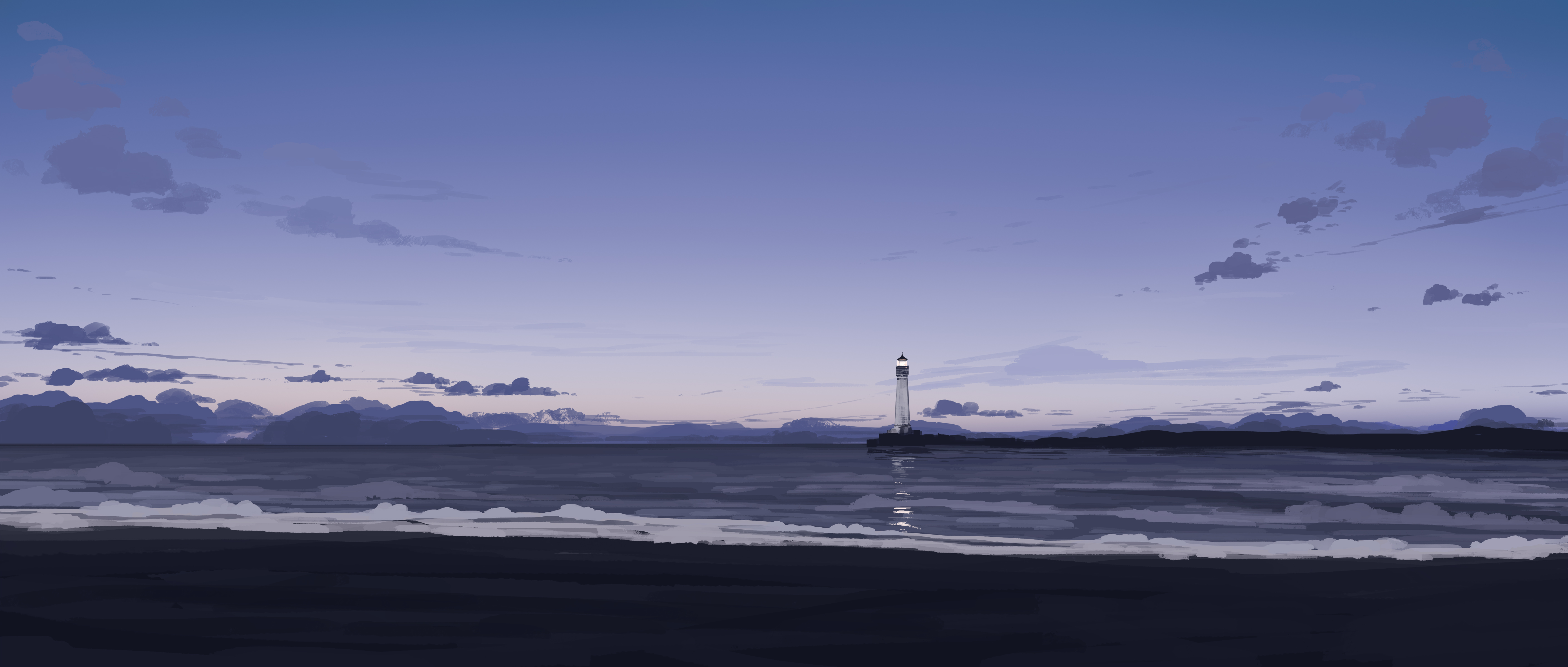 Lighthouse on a rocky coast at dusk with calm sea HD Wallpaper