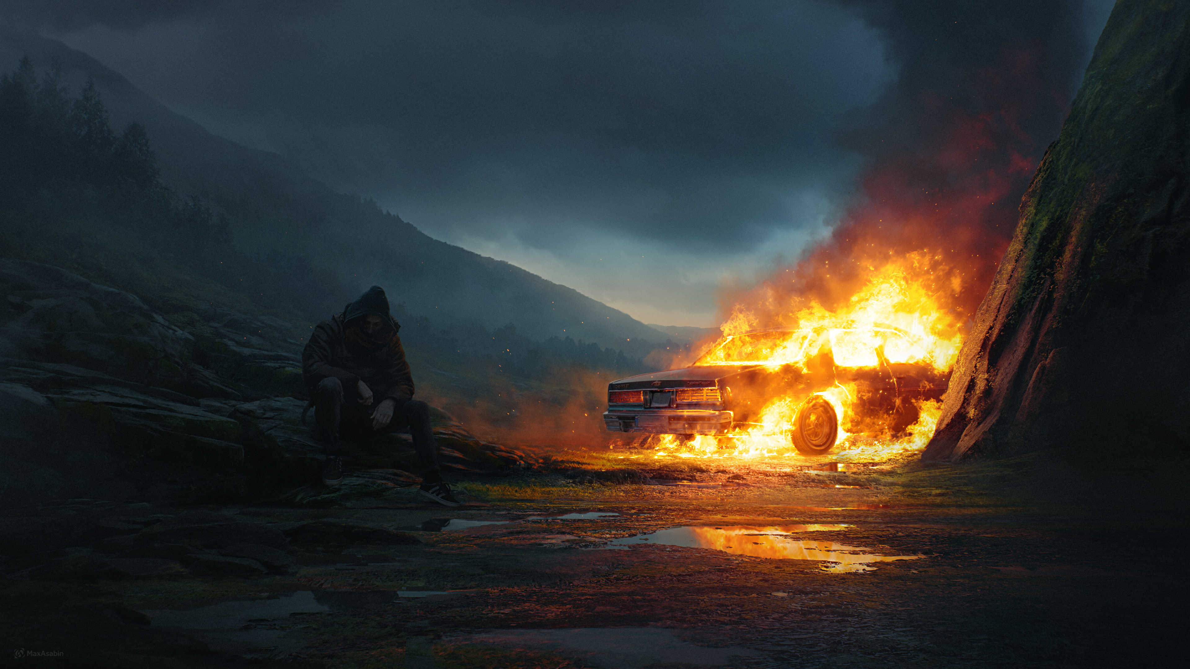 Car on fire in a desolate landscape HD Wallpaper