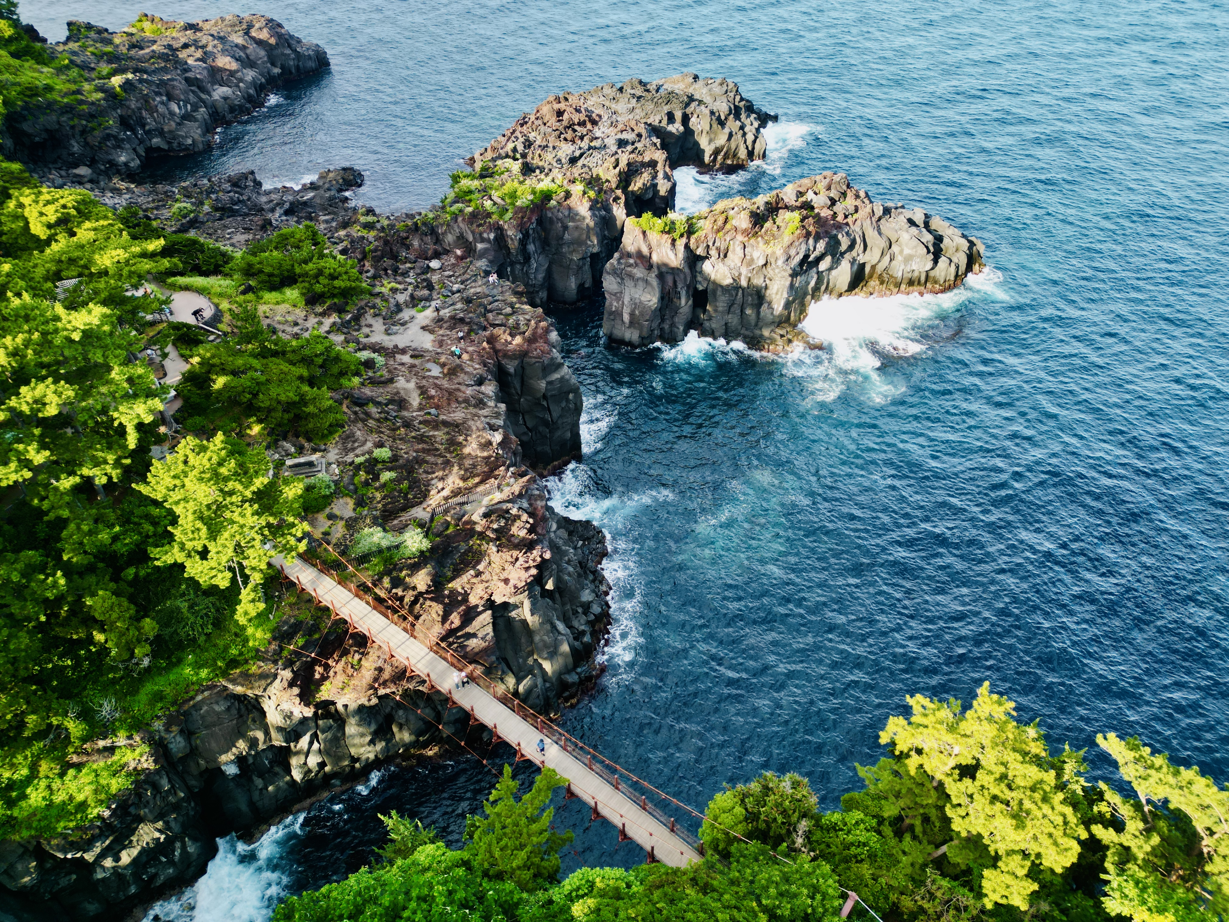 Aerial view of a suspension bridge over rocky coast in Japan HD Wallpaper