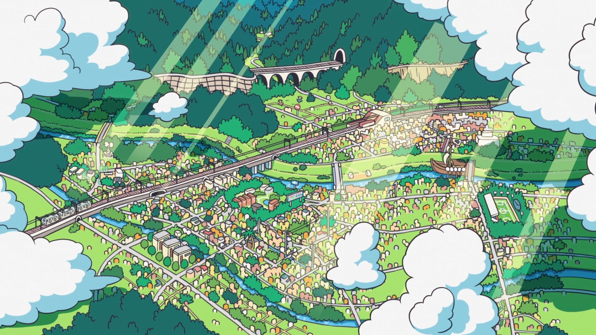 City the Animation: A sprawling cityscape with a train. HD Wallpaper