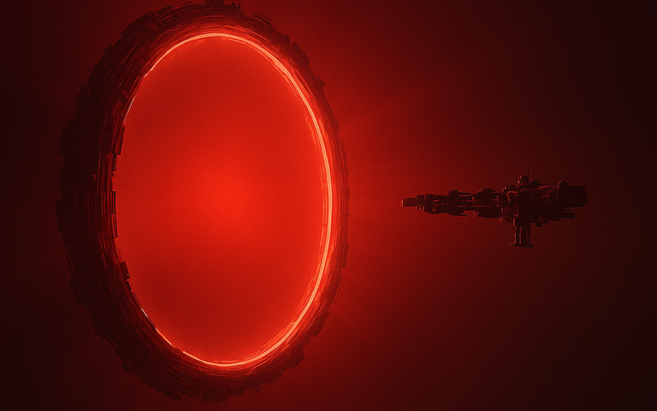 Spaceship approaching a glowing red portal in space HD Wallpaper
