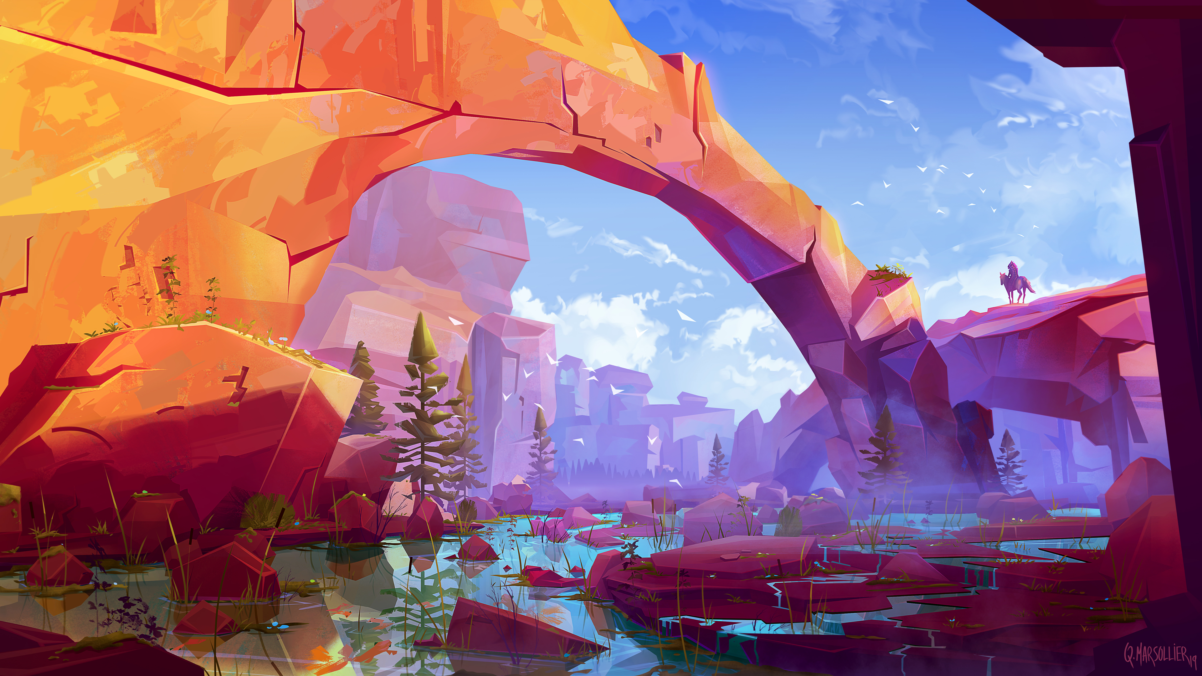 Digital art of a desert landscape with rock formations and water HD Wallpaper