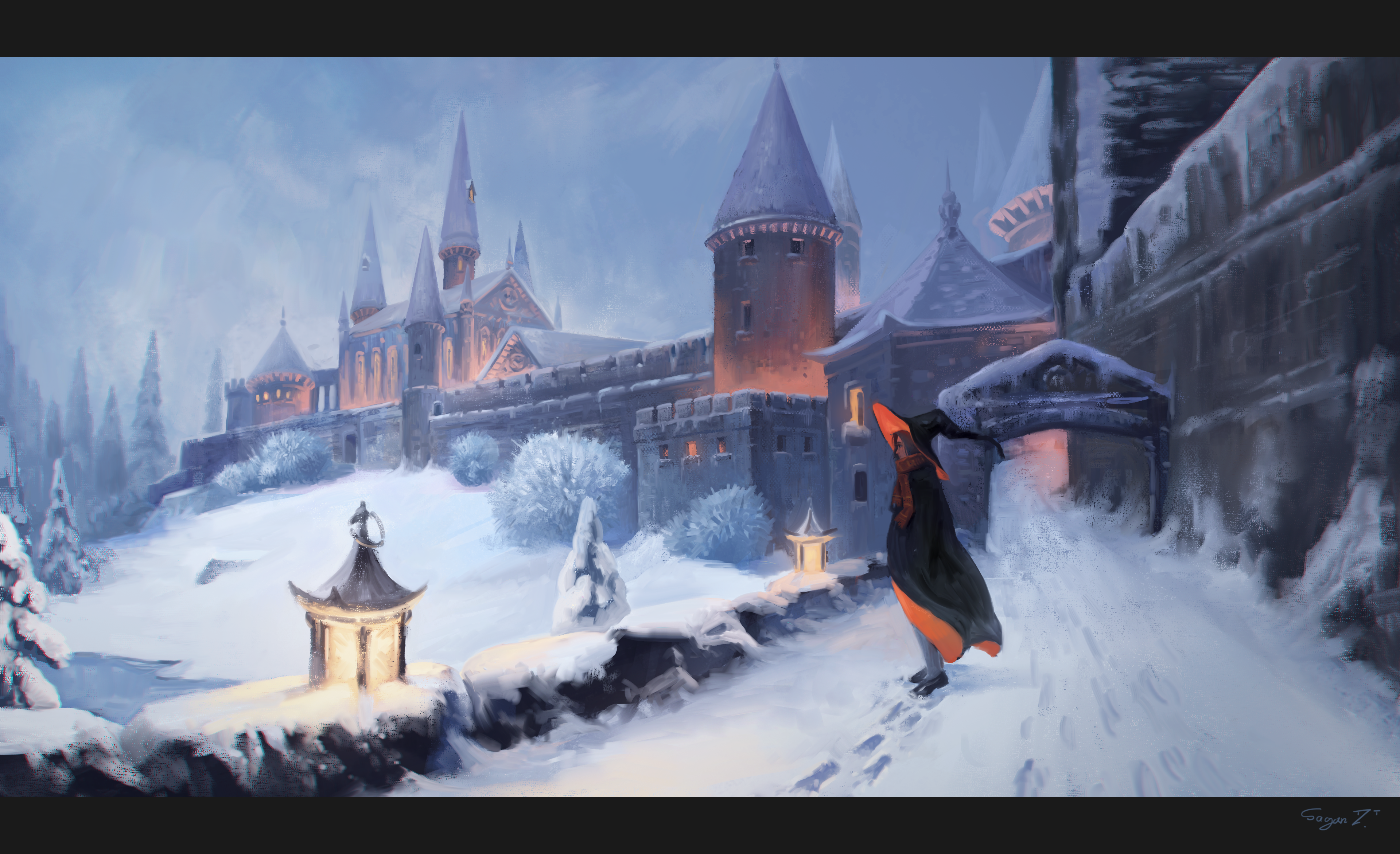 Hogwarts Castle in Winter with a Figure in a Cloak HD Wallpaper