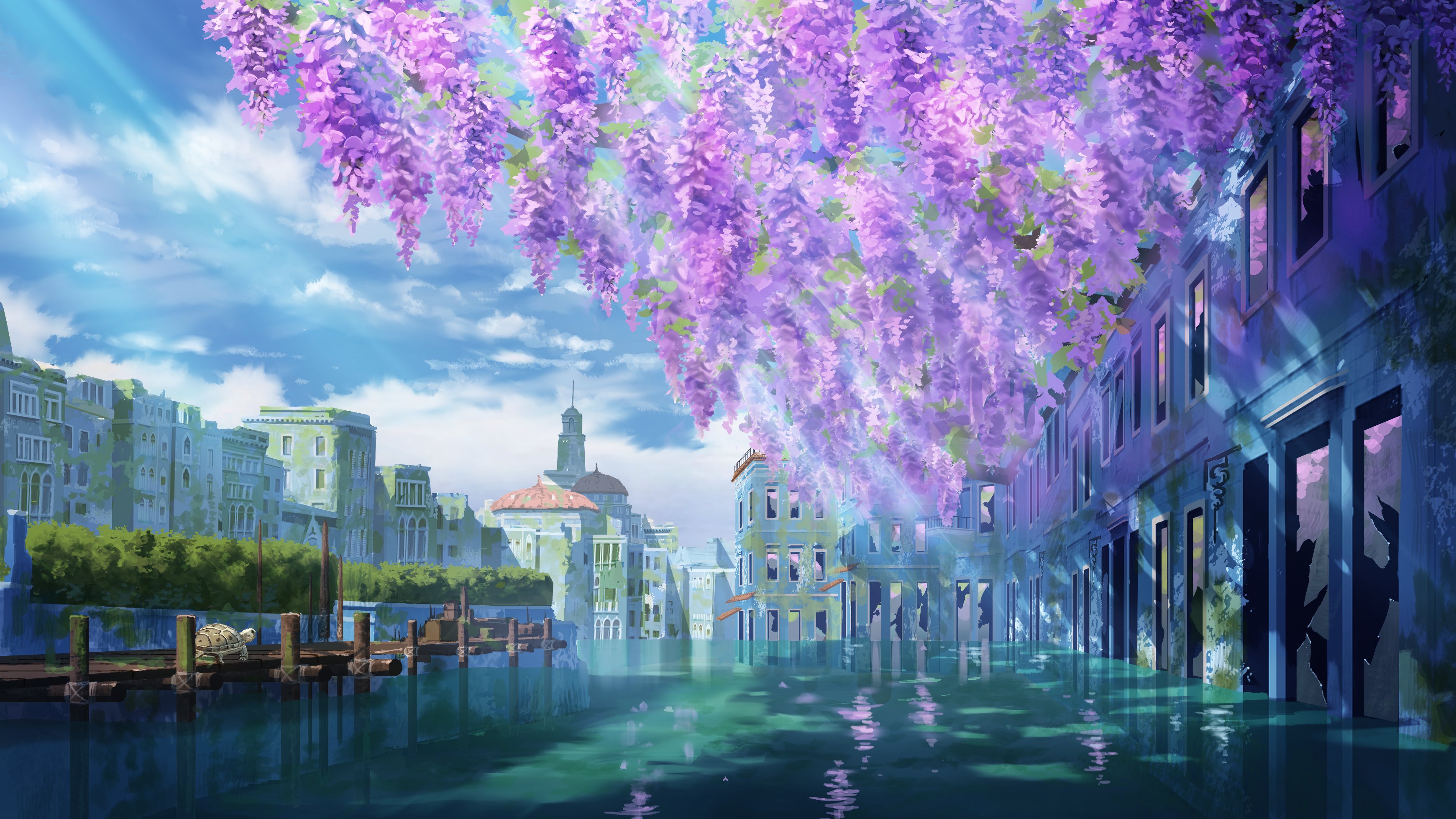 Scenery of a flooded city with purple wisteria HD Wallpaper