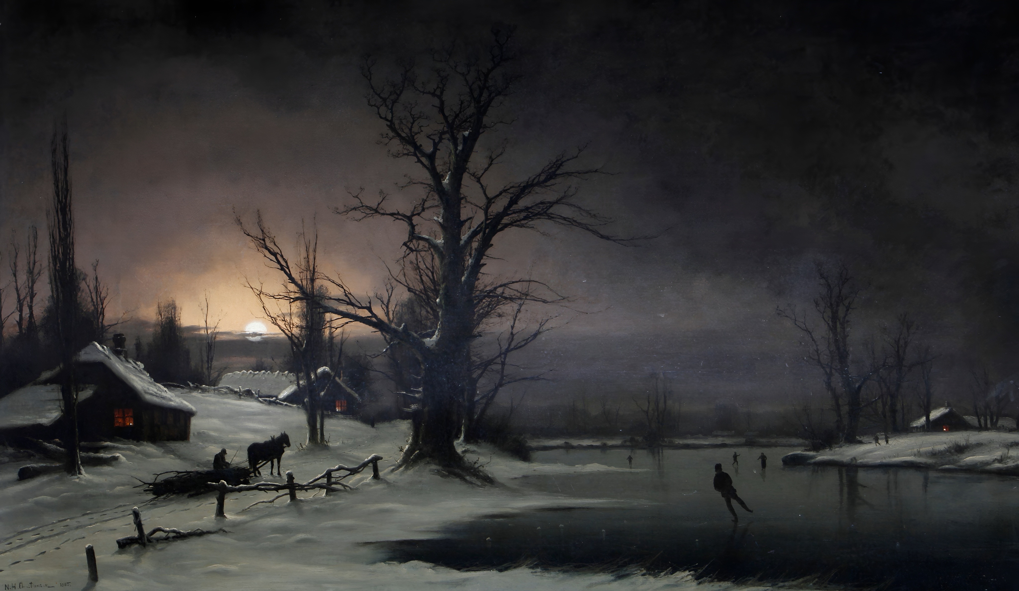 Winter Scene with Skaters and a Horse-Drawn Sleigh HD Wallpaper