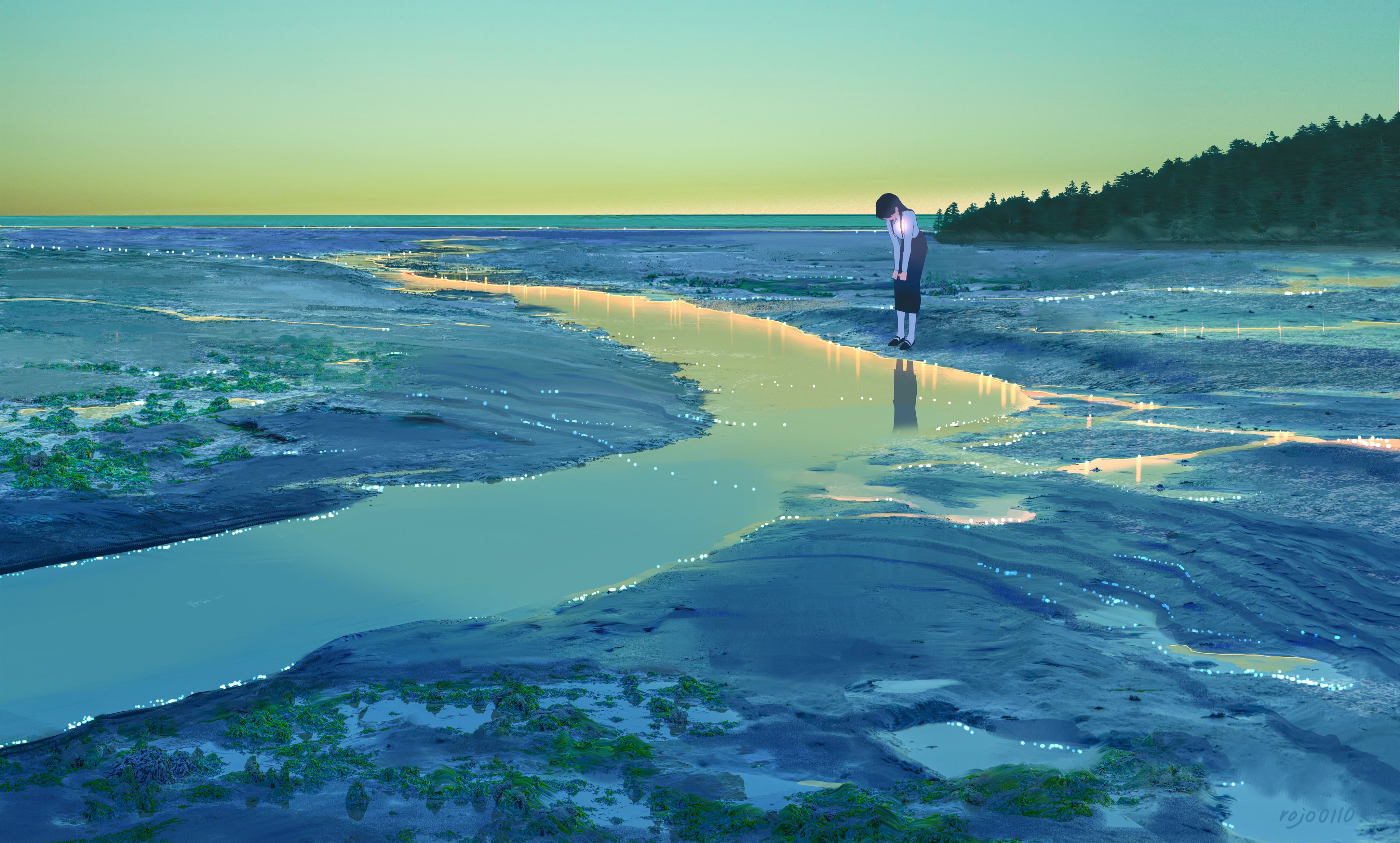 A lone figure stands by a stream at sunset HD Wallpaper