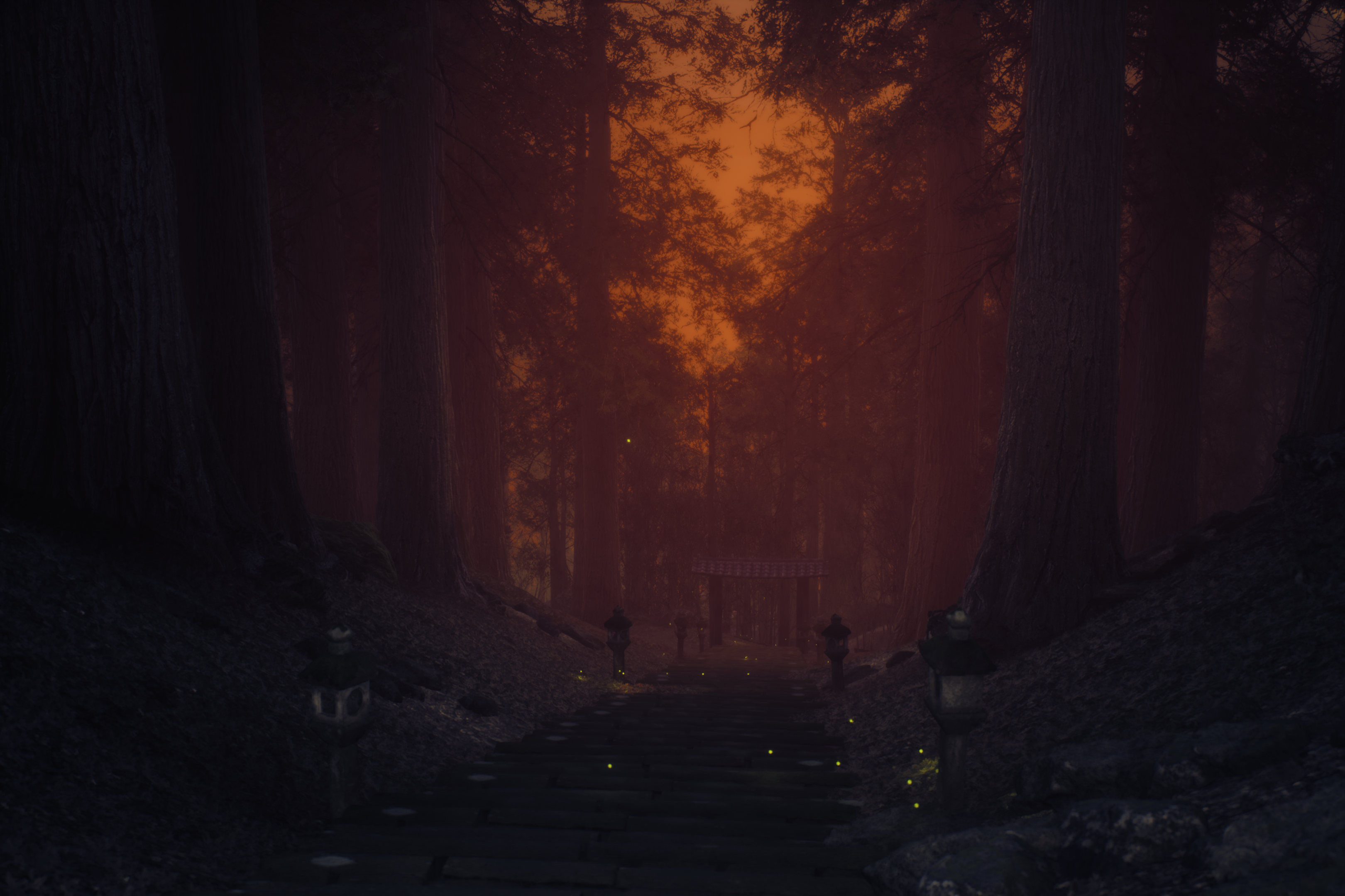 Lushfoilsim in a burning forest with figures HD Wallpaper