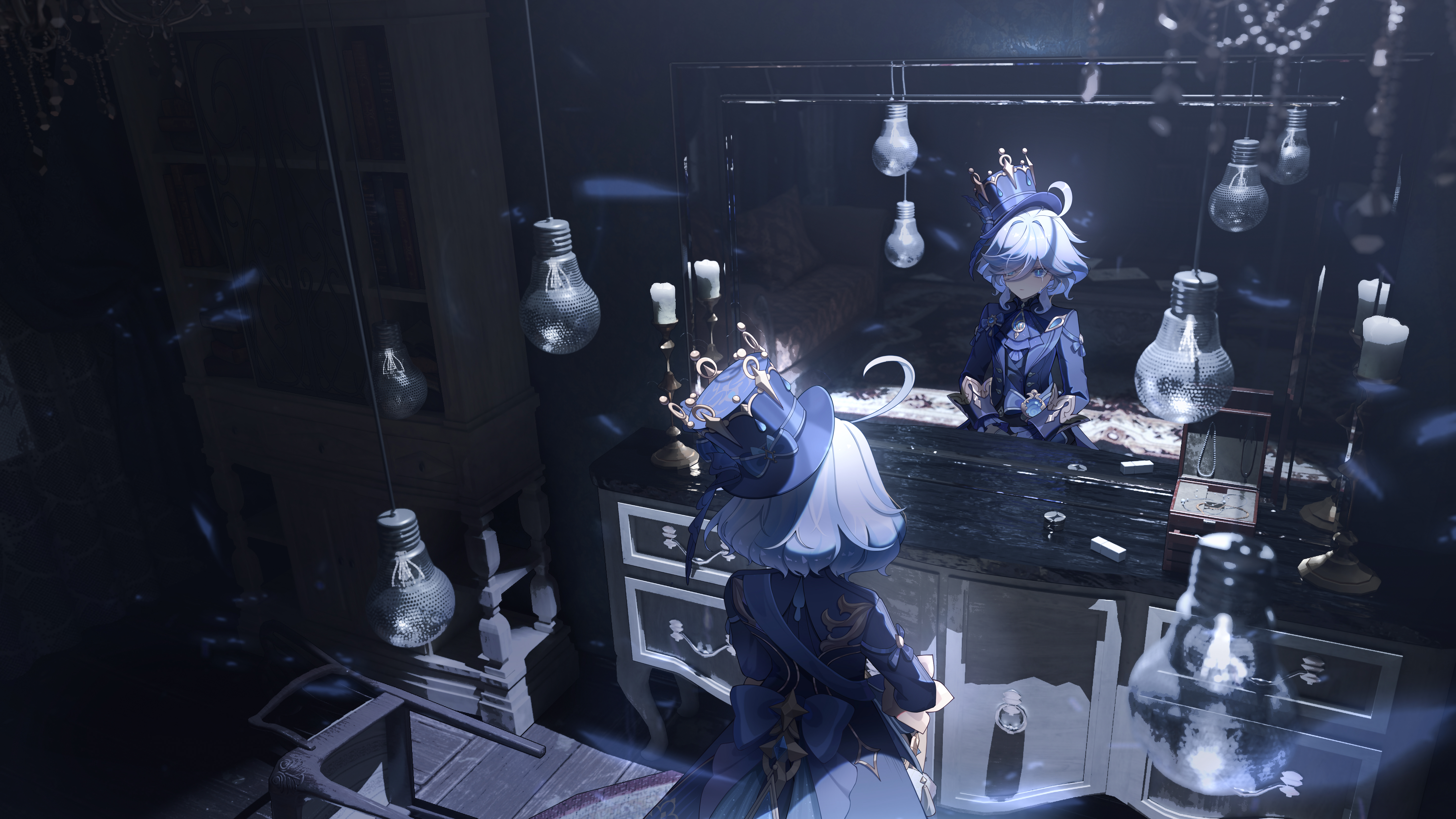 Furina (Genshin Impact) sitting in a dimly lit room HD Wallpaper