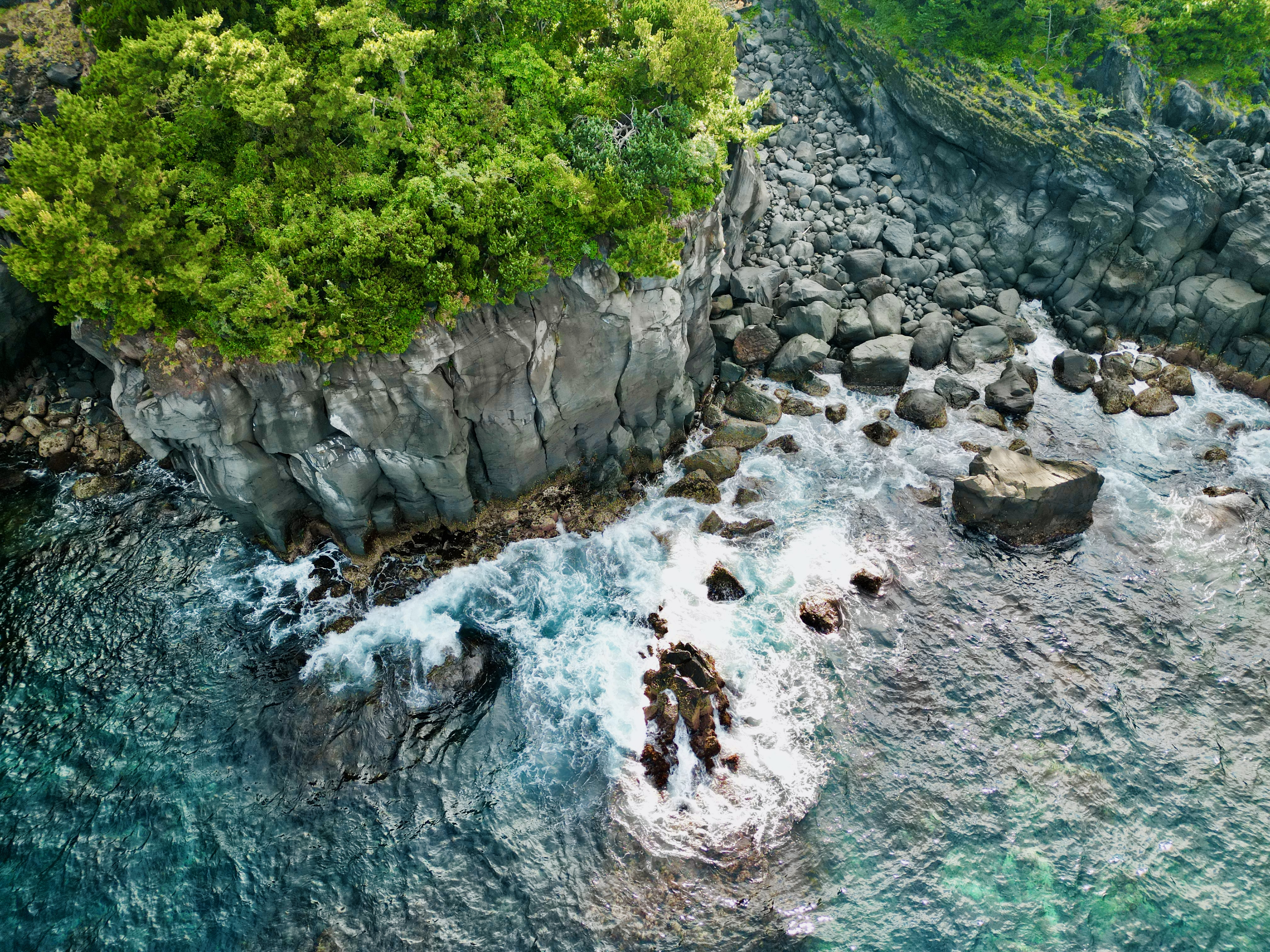 Aerial view of rocky coastline with green trees and ocean waves HD Wallpaper