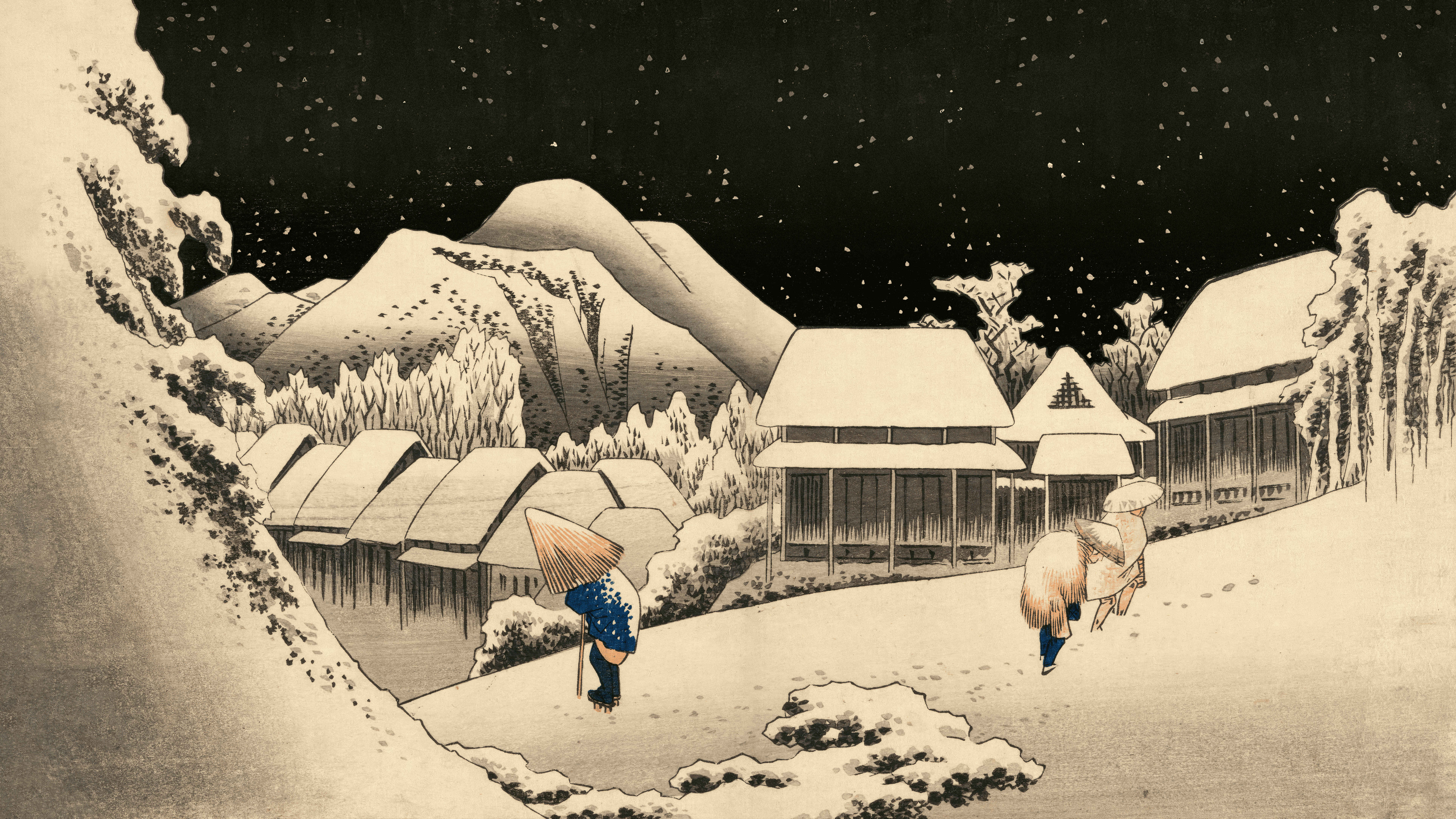 Snowy Village at Night by Utagawa Hiroshige HD Wallpaper