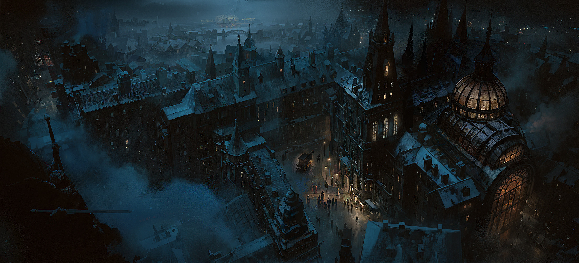 Dark fantasy city rooftops at night in winter HD Wallpaper