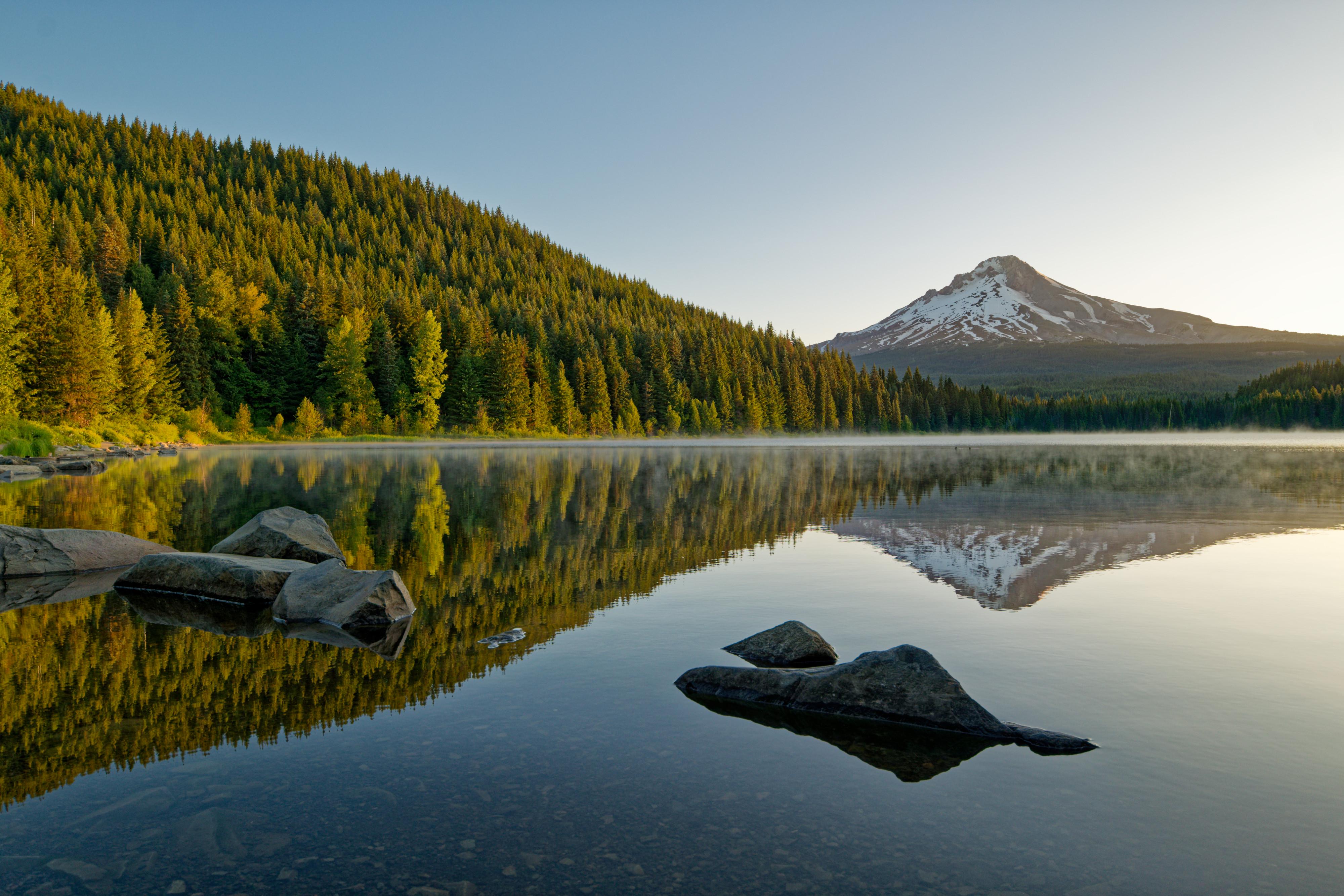 Snow-capped mountain reflected in a calm lake with forest HD Wallpaper
