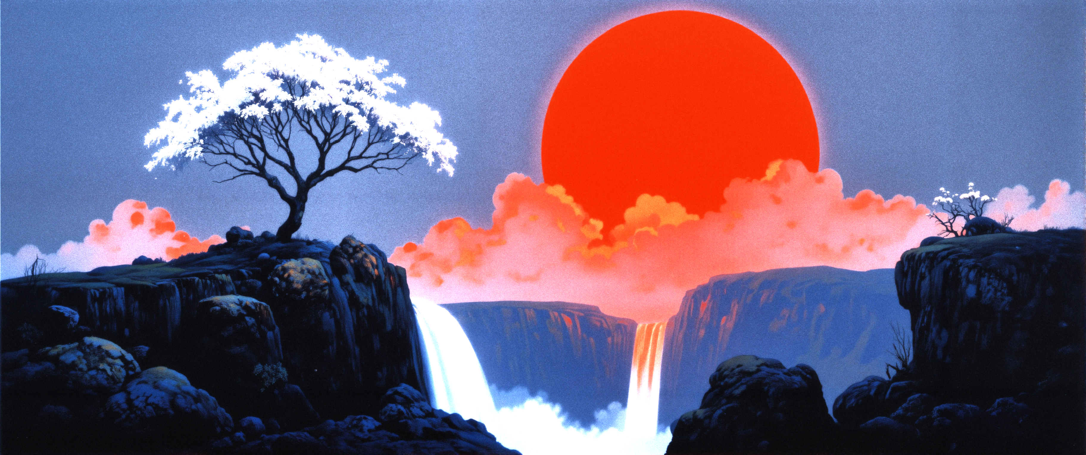 Sunset over waterfalls with a lone tree HD Wallpaper