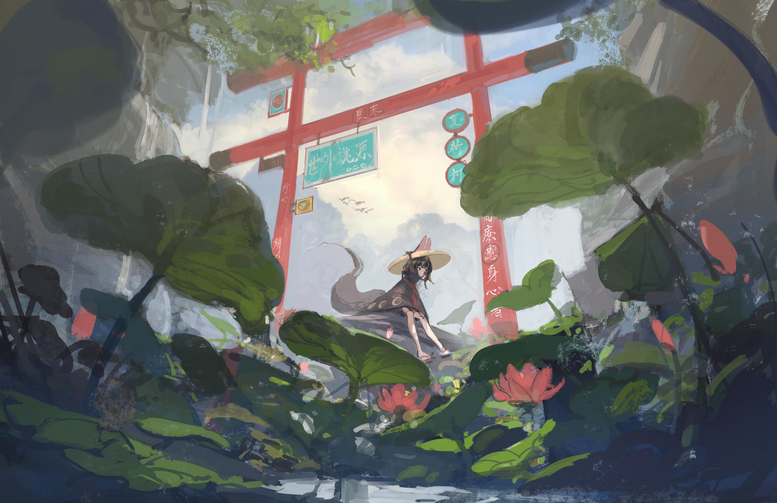 Anime girl with fox ears and tail near a torii gate HD Wallpaper