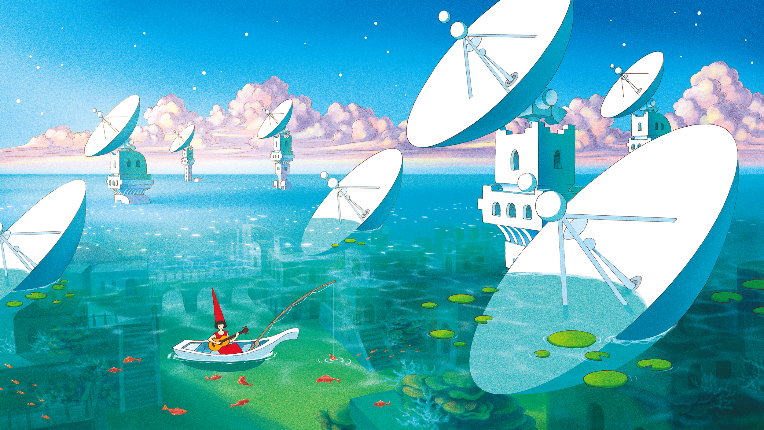 Boat with fisherman and antennas in a fantasy landscape HD Wallpaper