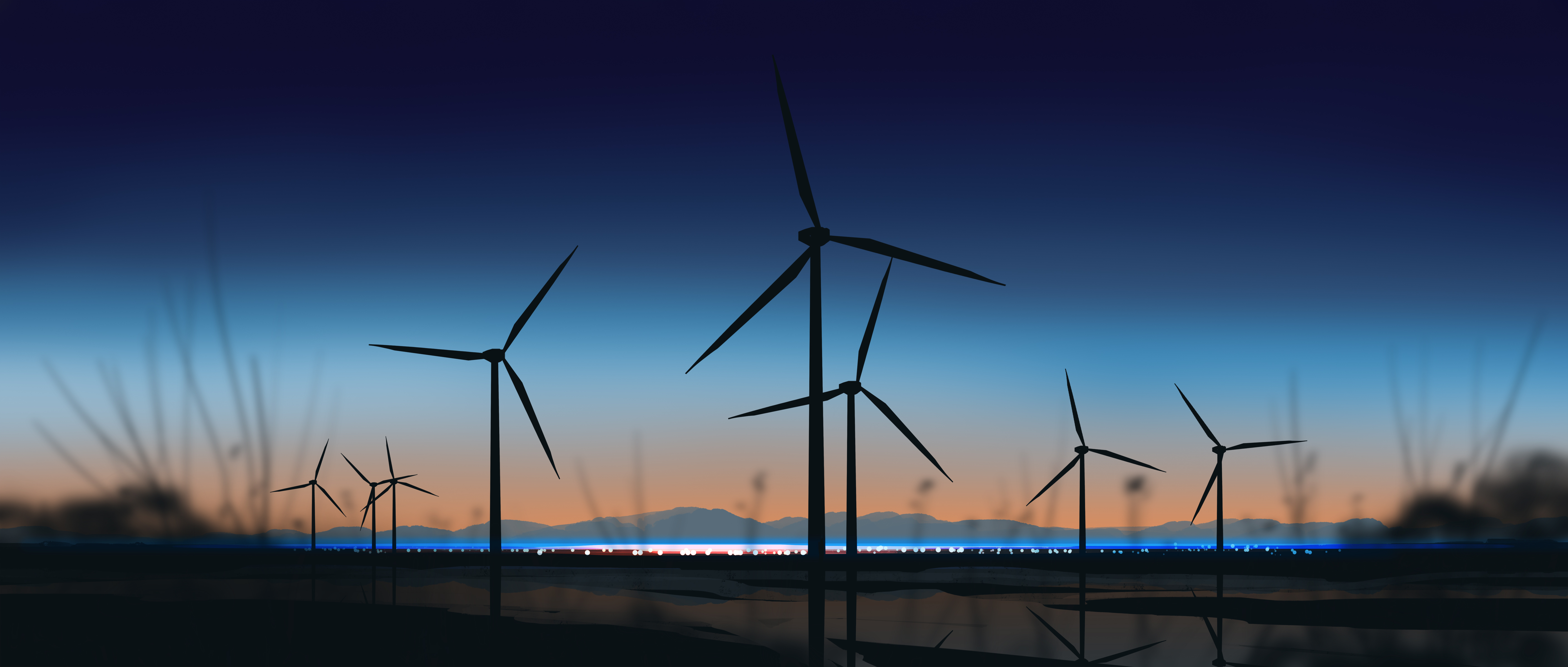 Wind turbines in a landscape at dusk HD Wallpaper