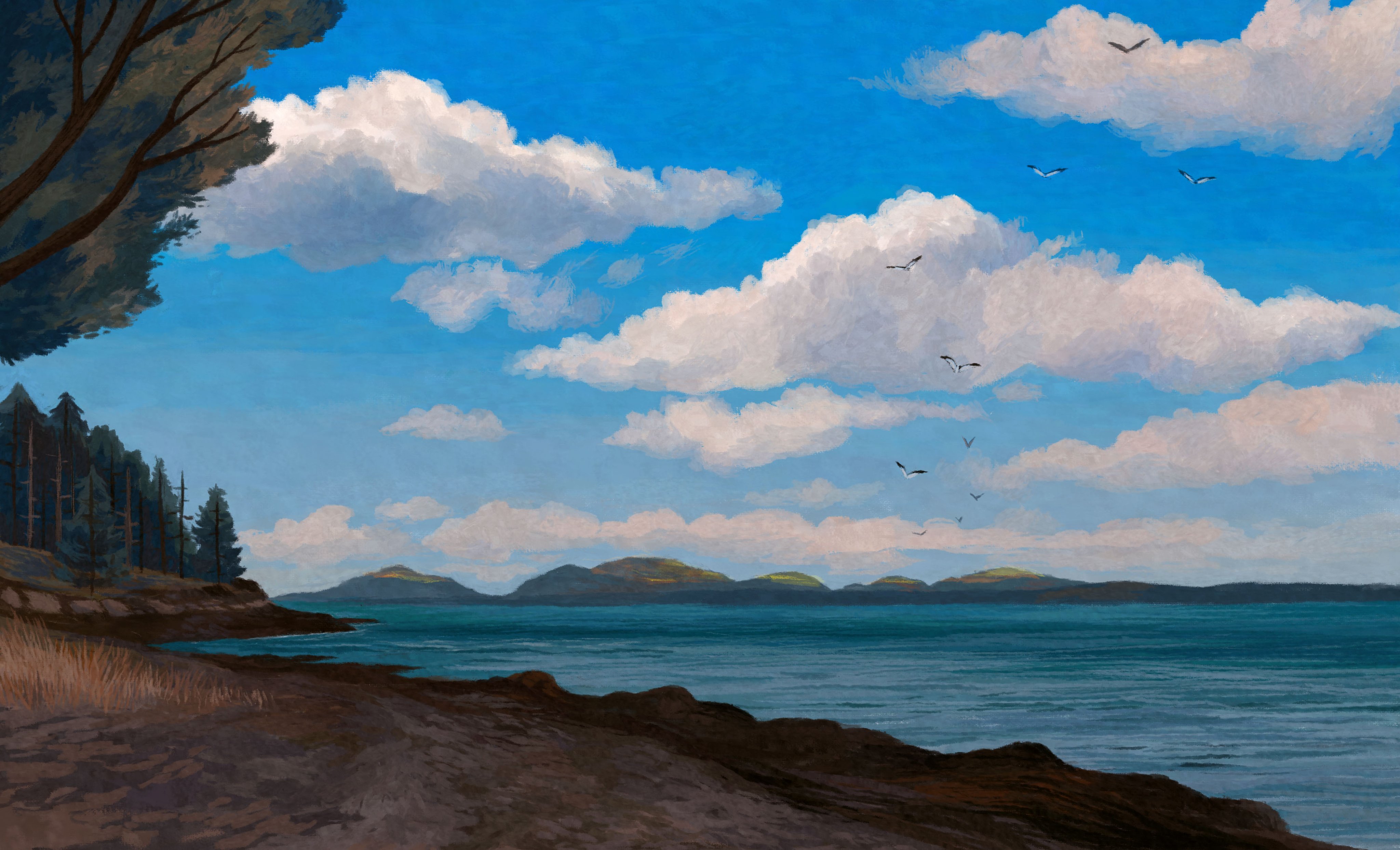 Scenery of a coast with islands and clouds HD Wallpaper